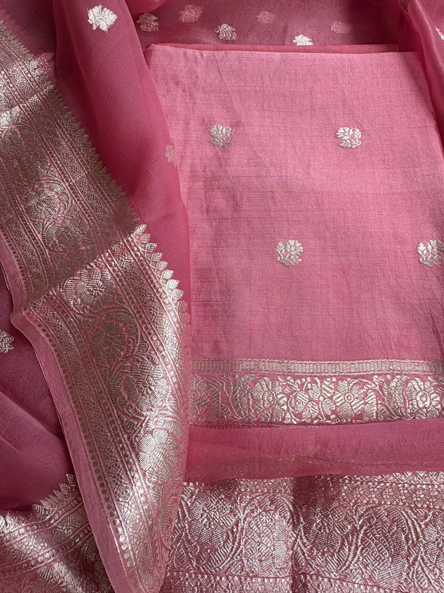 Pink silver zari Chiniya kora suit set