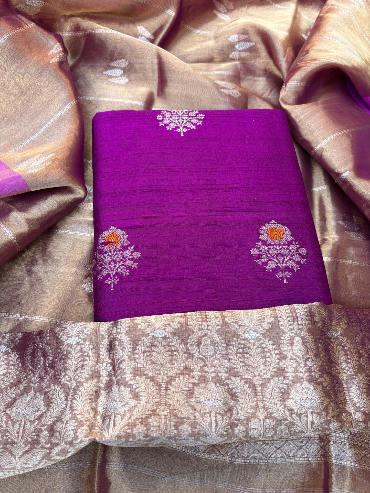Purple raw silk kurta,bottom, kadhwa tissue dupatta