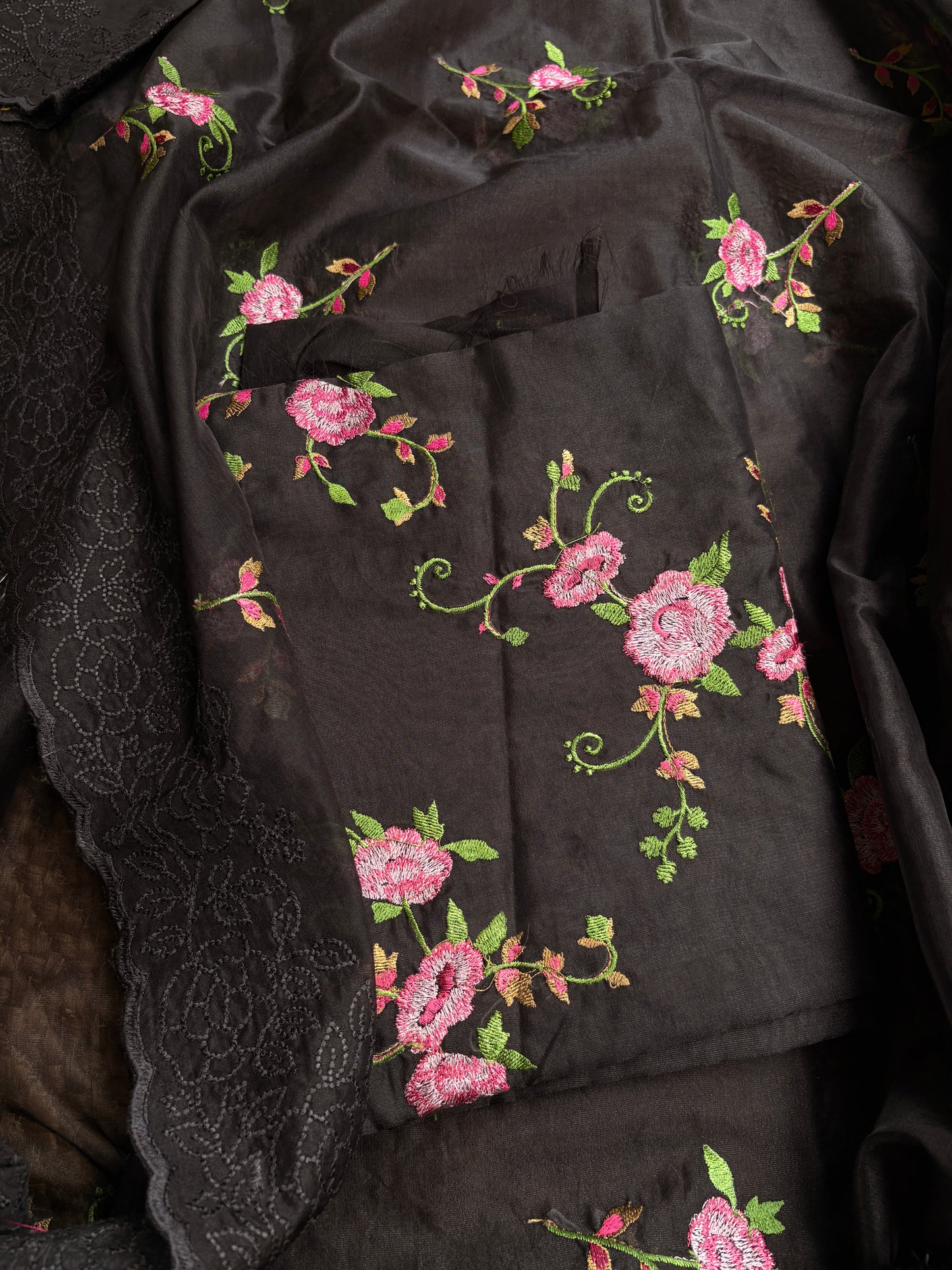 Black organza embroidered suit set