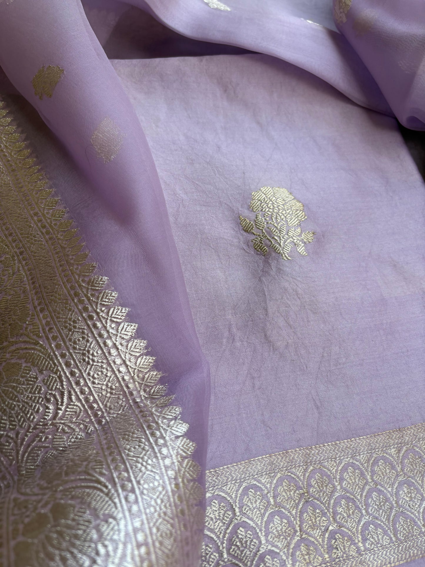 Lavender pure silver zari kurta, kora dupatta,plain bottom.
