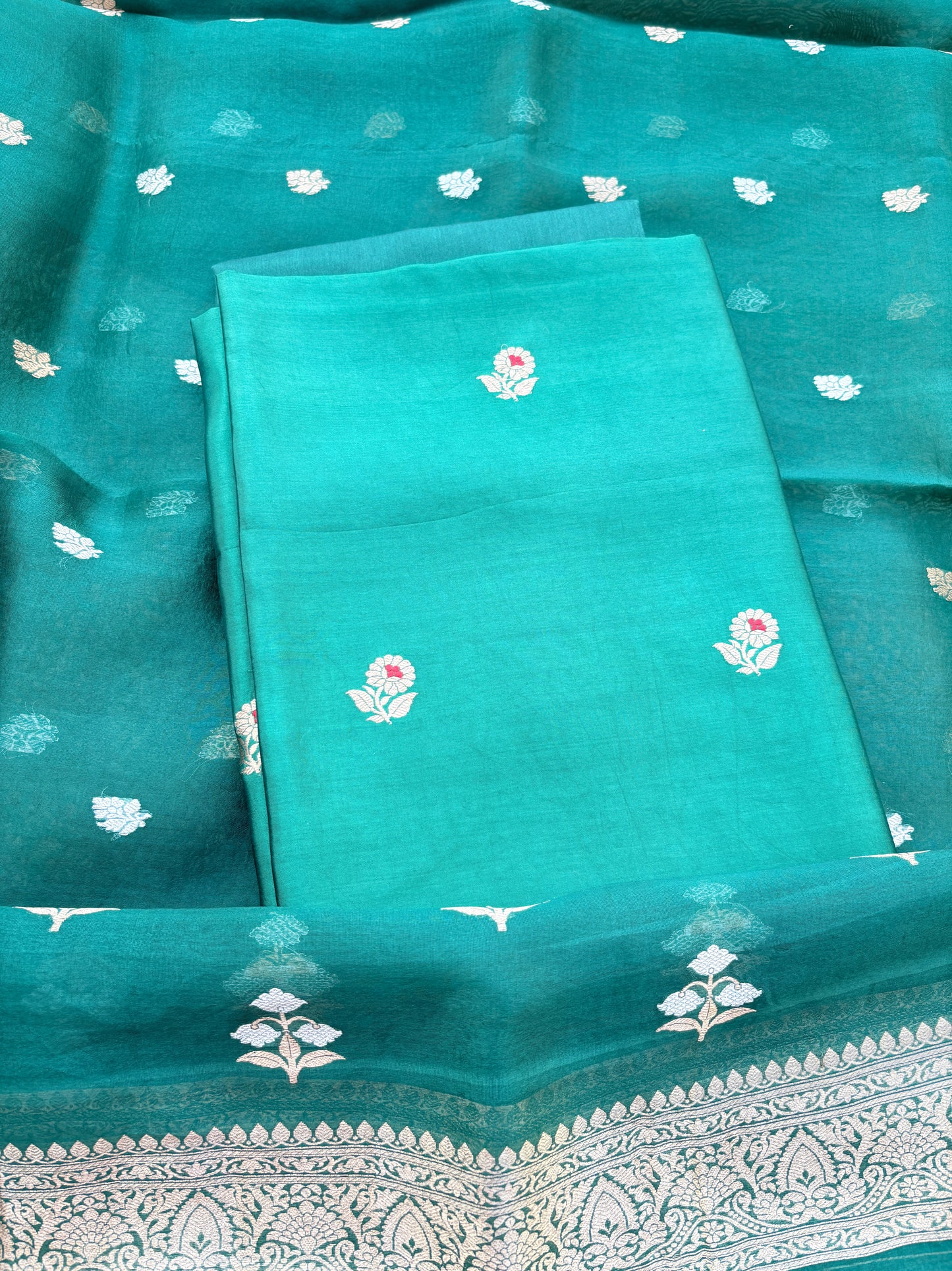 Green Chiniya silk kora dupatta suit set