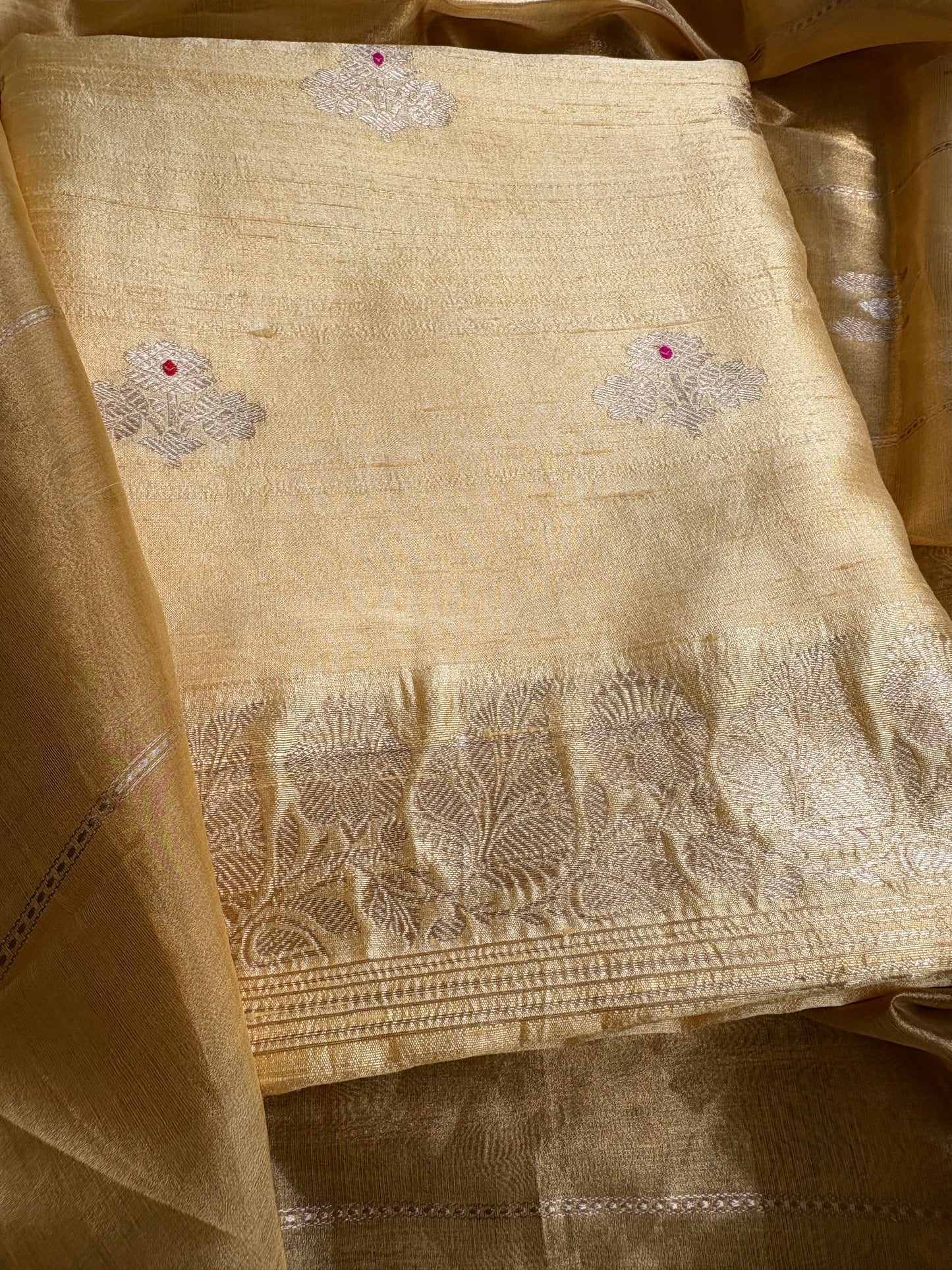 Yellow raw silk kurta, bottom and tissue kadhwa dupatta