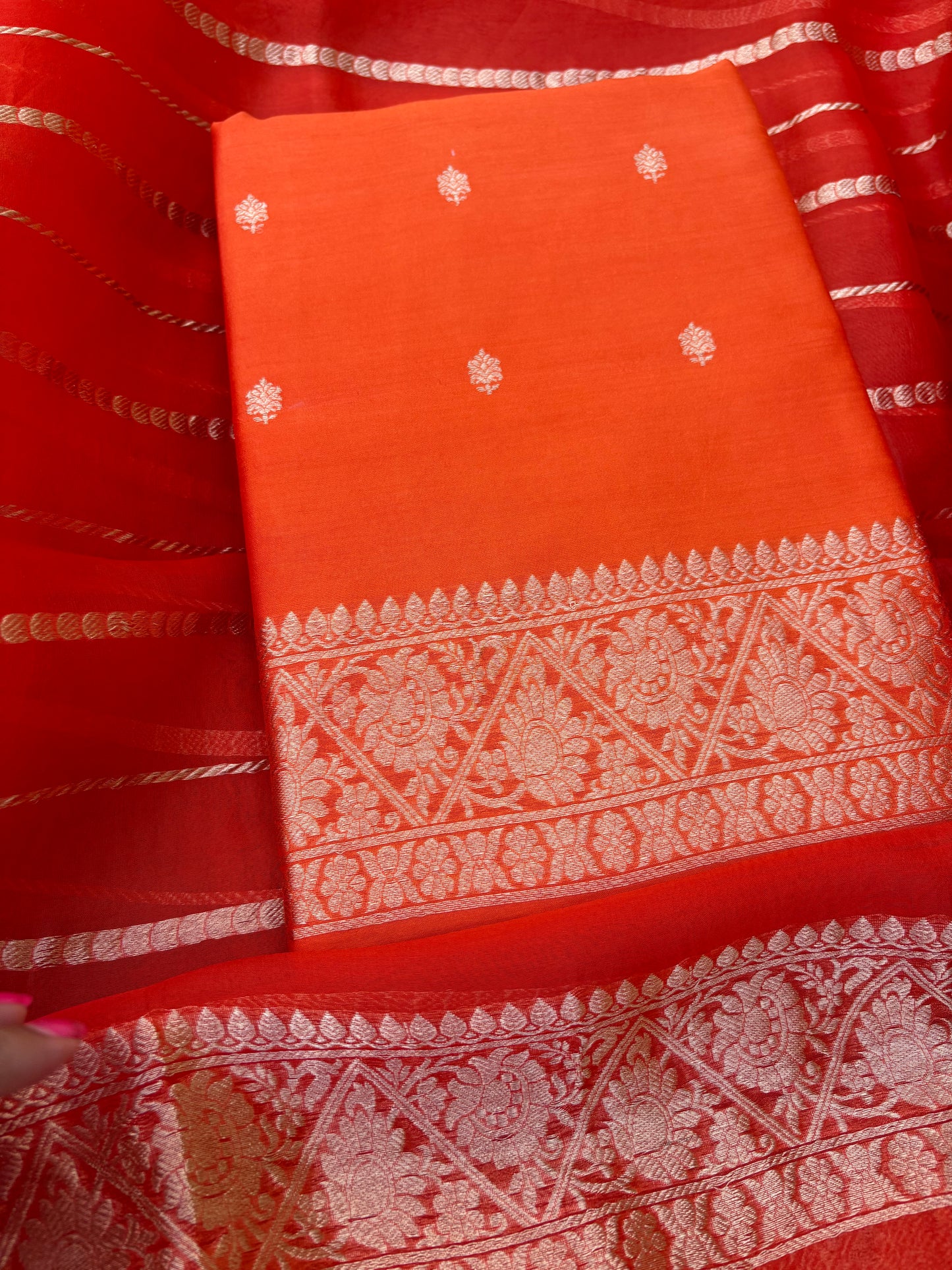 Orange raw mango silk kurta, bottom, kora dupatta