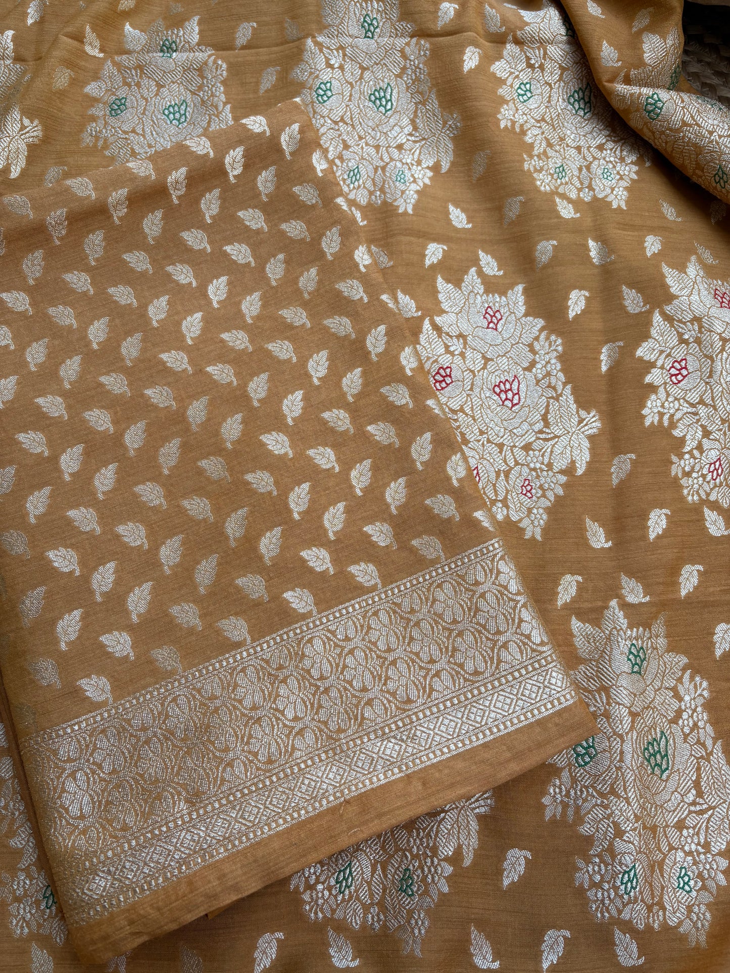 Mustard moonga silk kurta, meenadar Jaal dupatta, plain bottom