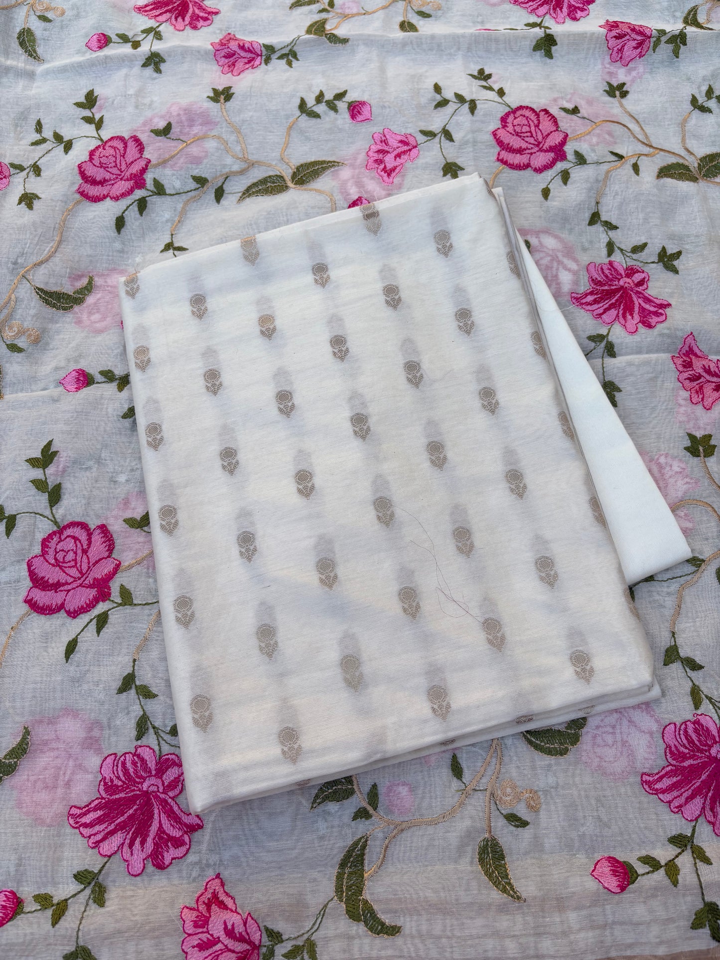 White cotton, embroidered dupatta, plain bottom