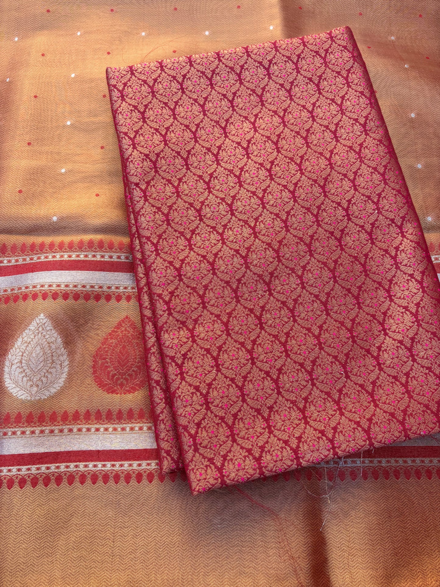 Maroon brocade cotton tissue suit set