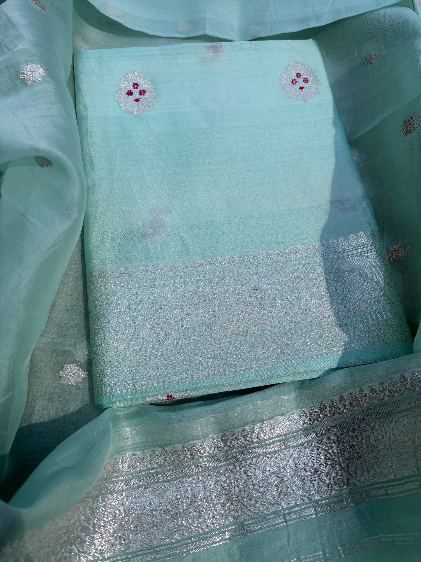 Turq silver zari meenadar kurta, kora silk dupatta, plain bottom