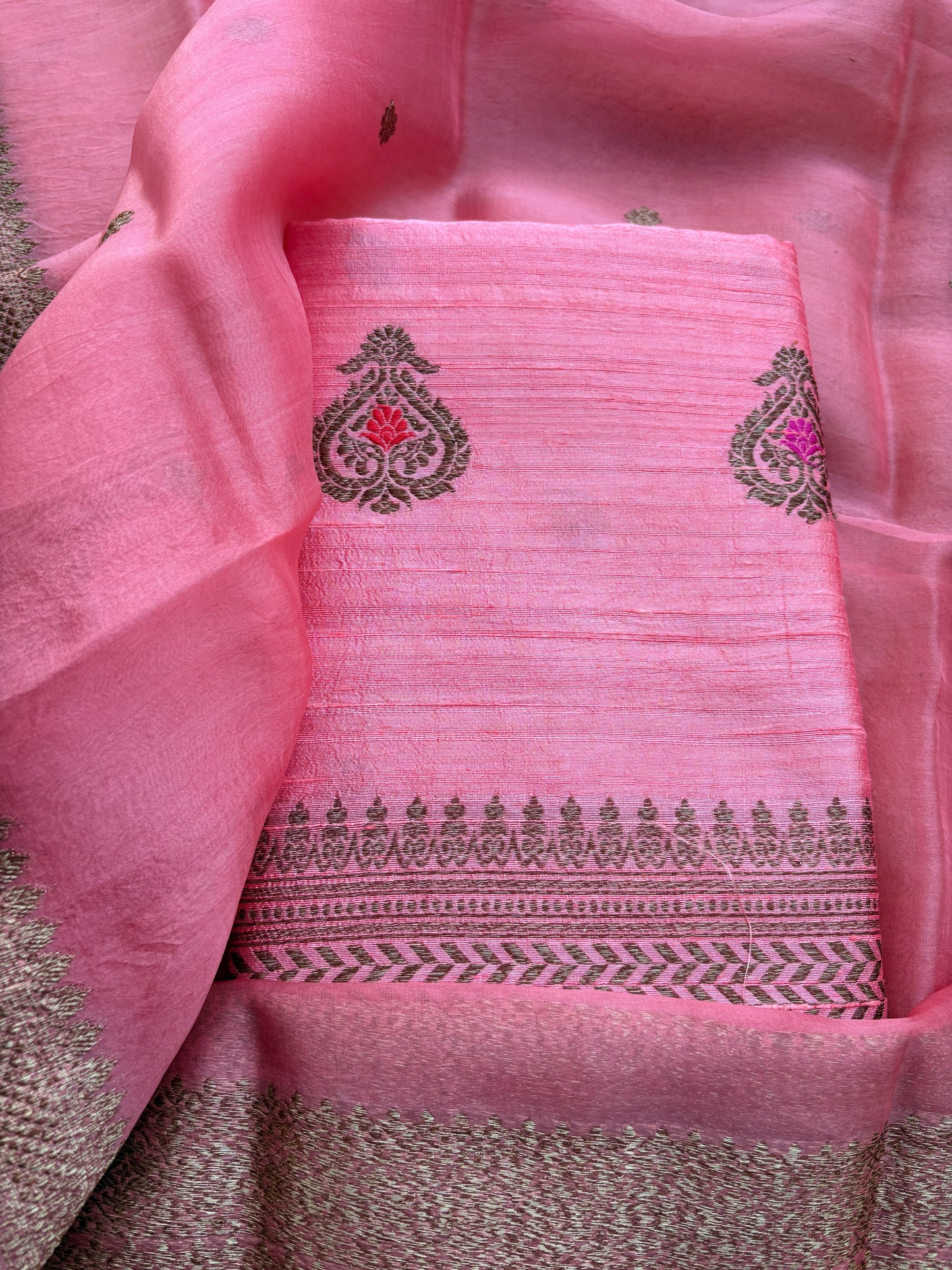 Pink raw silk tussar kadhwa suit set
