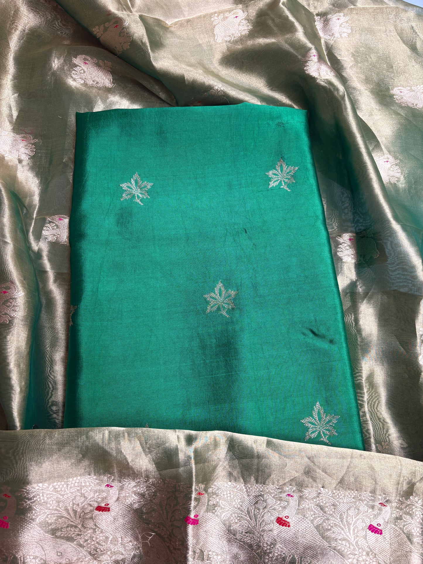 Green pure silk kadhwa kurta, tissue dupatta