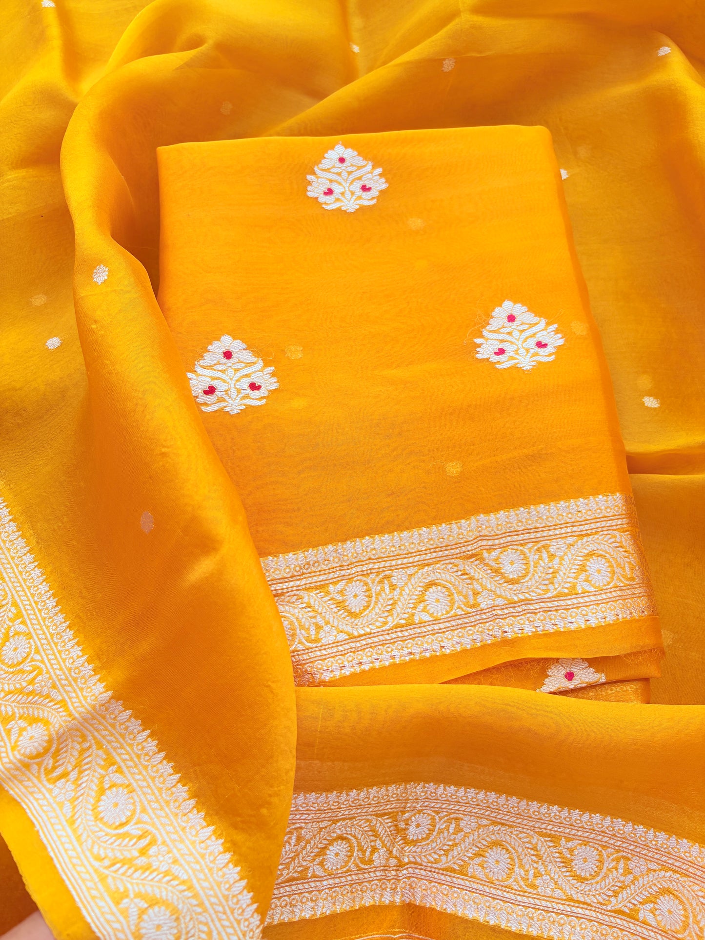 Yellow kora kadhwa silk suit set