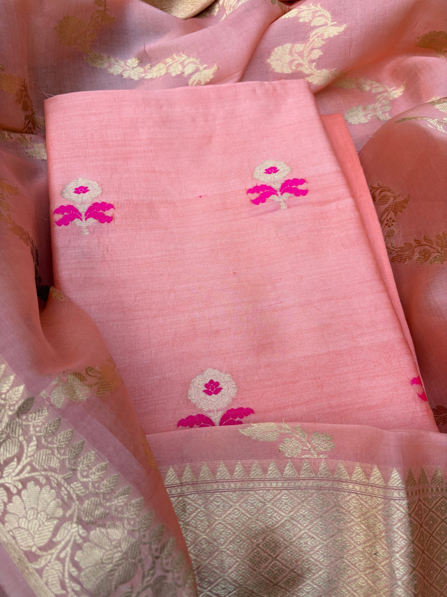 Peach Chiniya silk Kurt, bottom and kora silk dupatta.