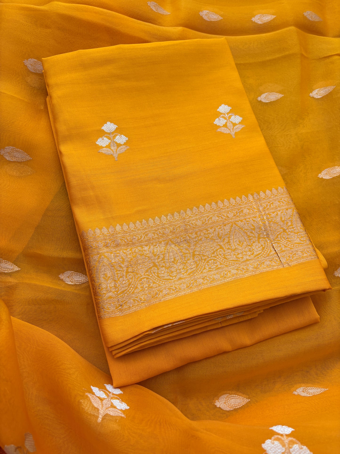 Yellow kora kadhwa silk suit set