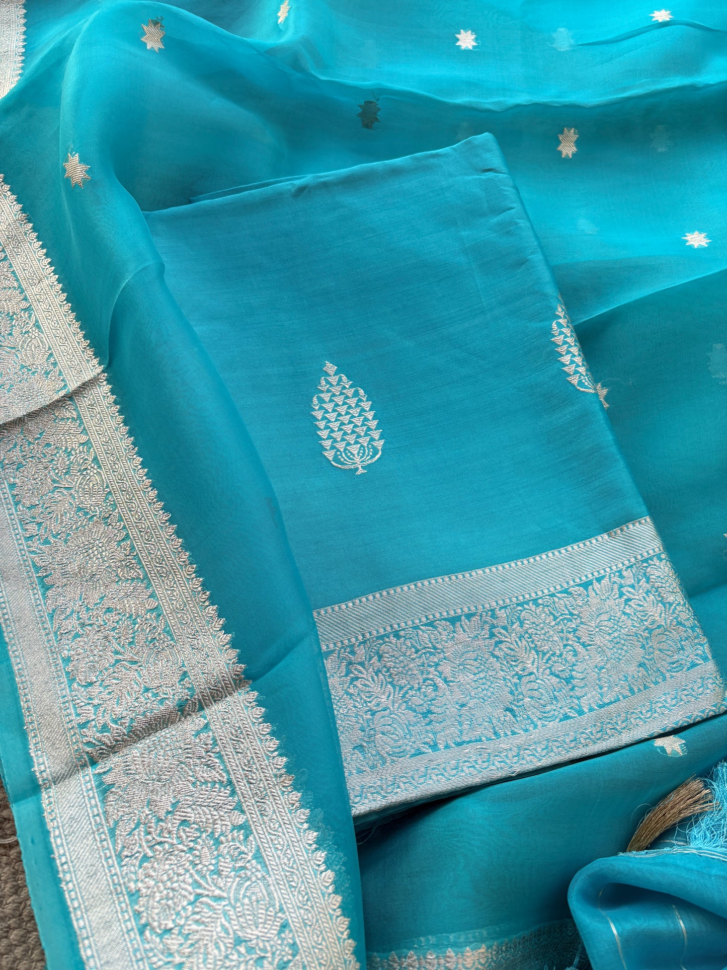 Blue Chiniya Kora silk silver zari suit set