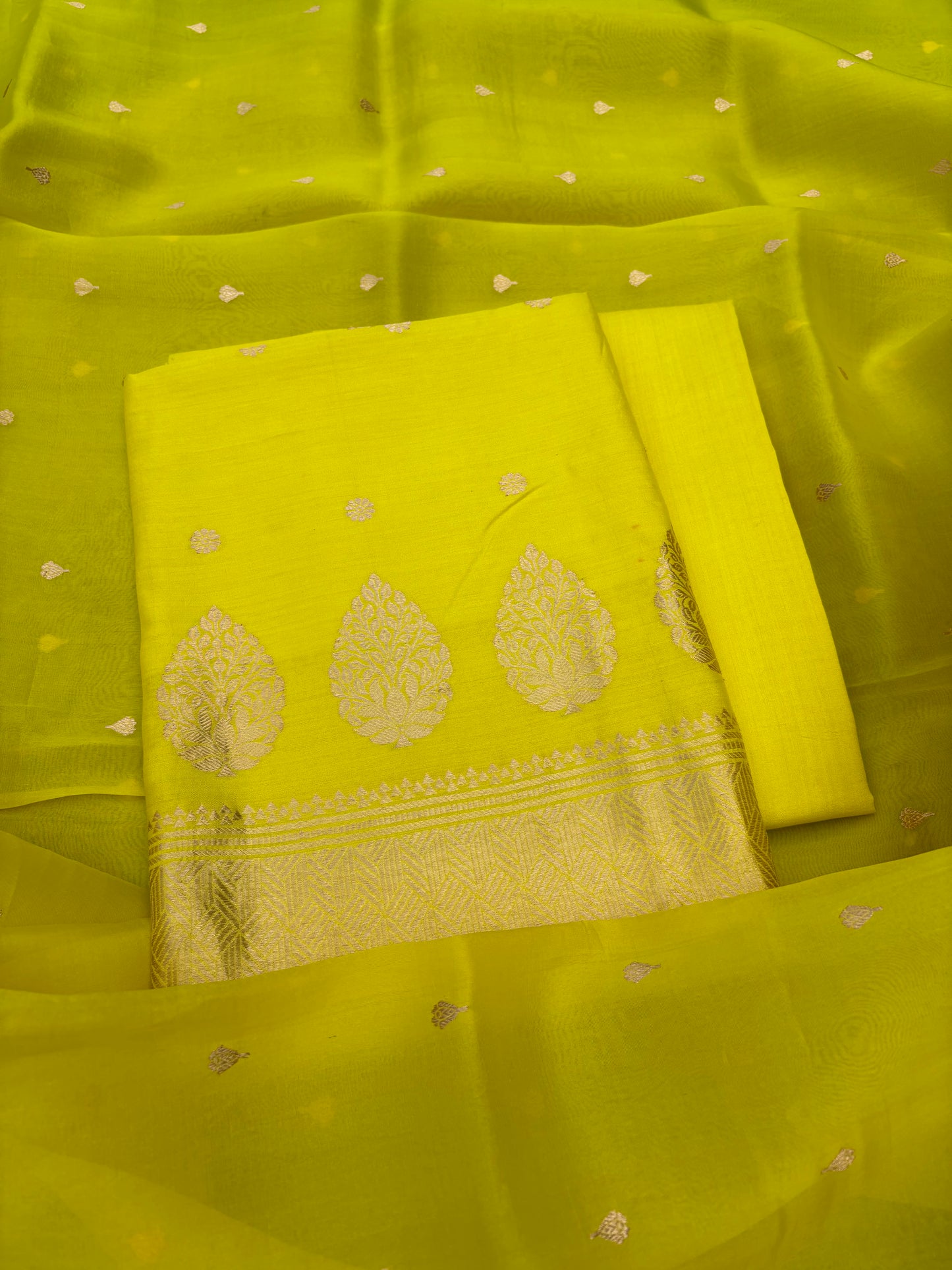 Neon green Chiniya kora silk suit set