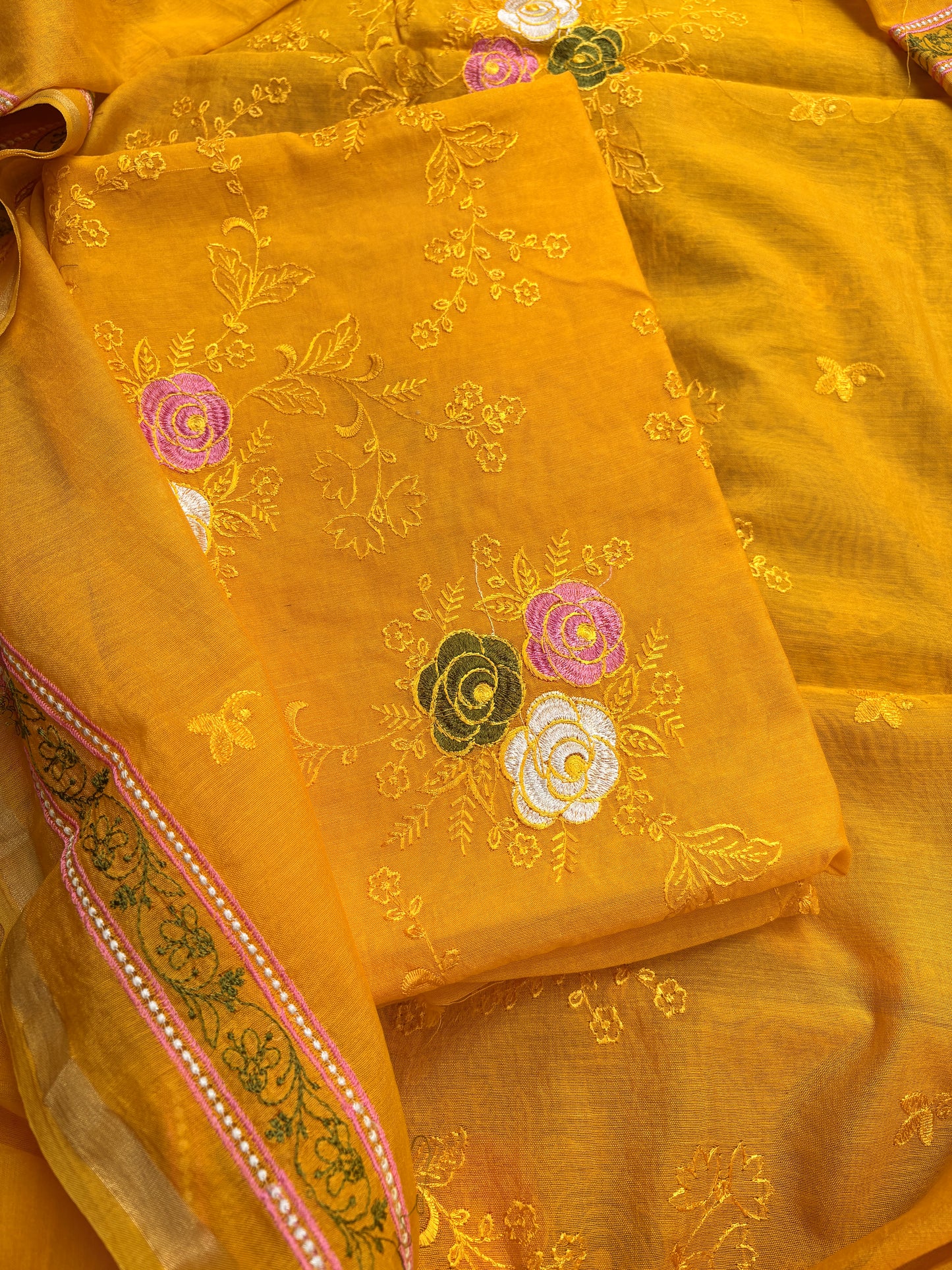Yellow cotton embroidered suit set