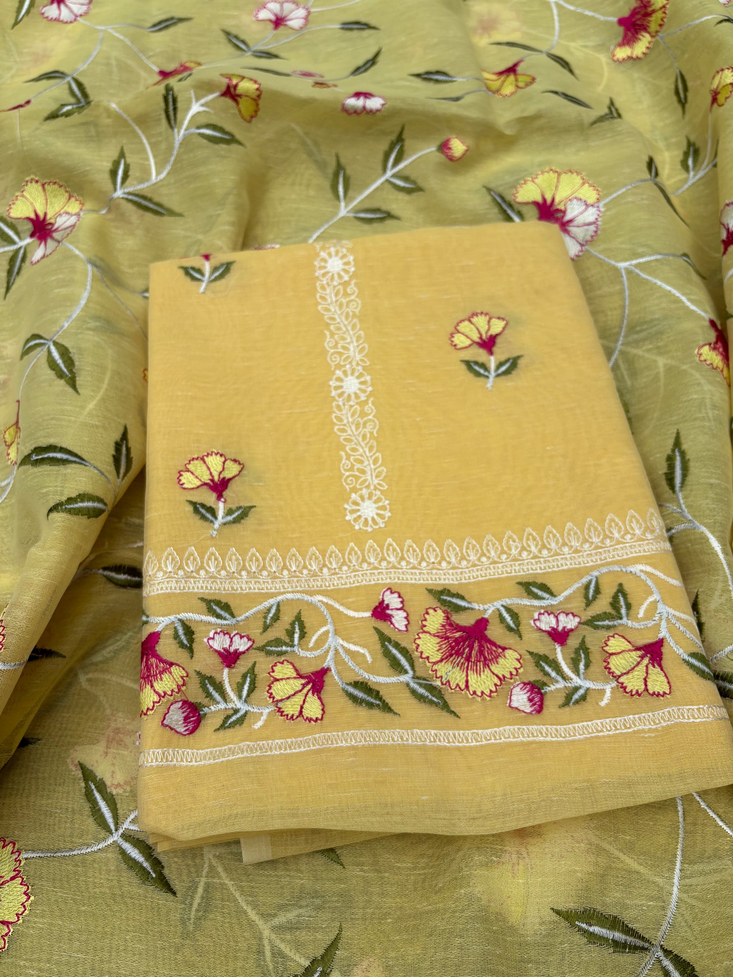 Yellow cotton linen embroidered 3 piece suit set