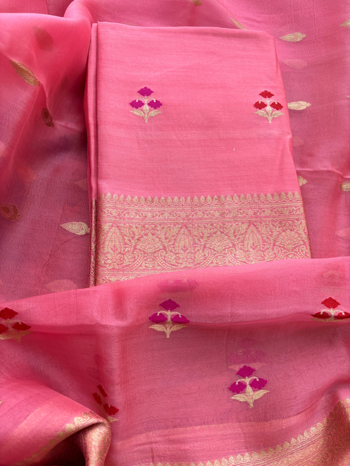 Pink Chiniya silk kora silk suit set