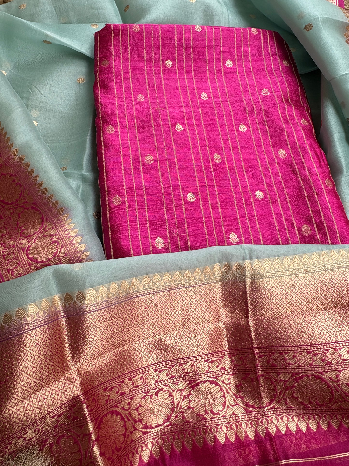 Pink raw silk kurta, bottom , kora shaded dupatta