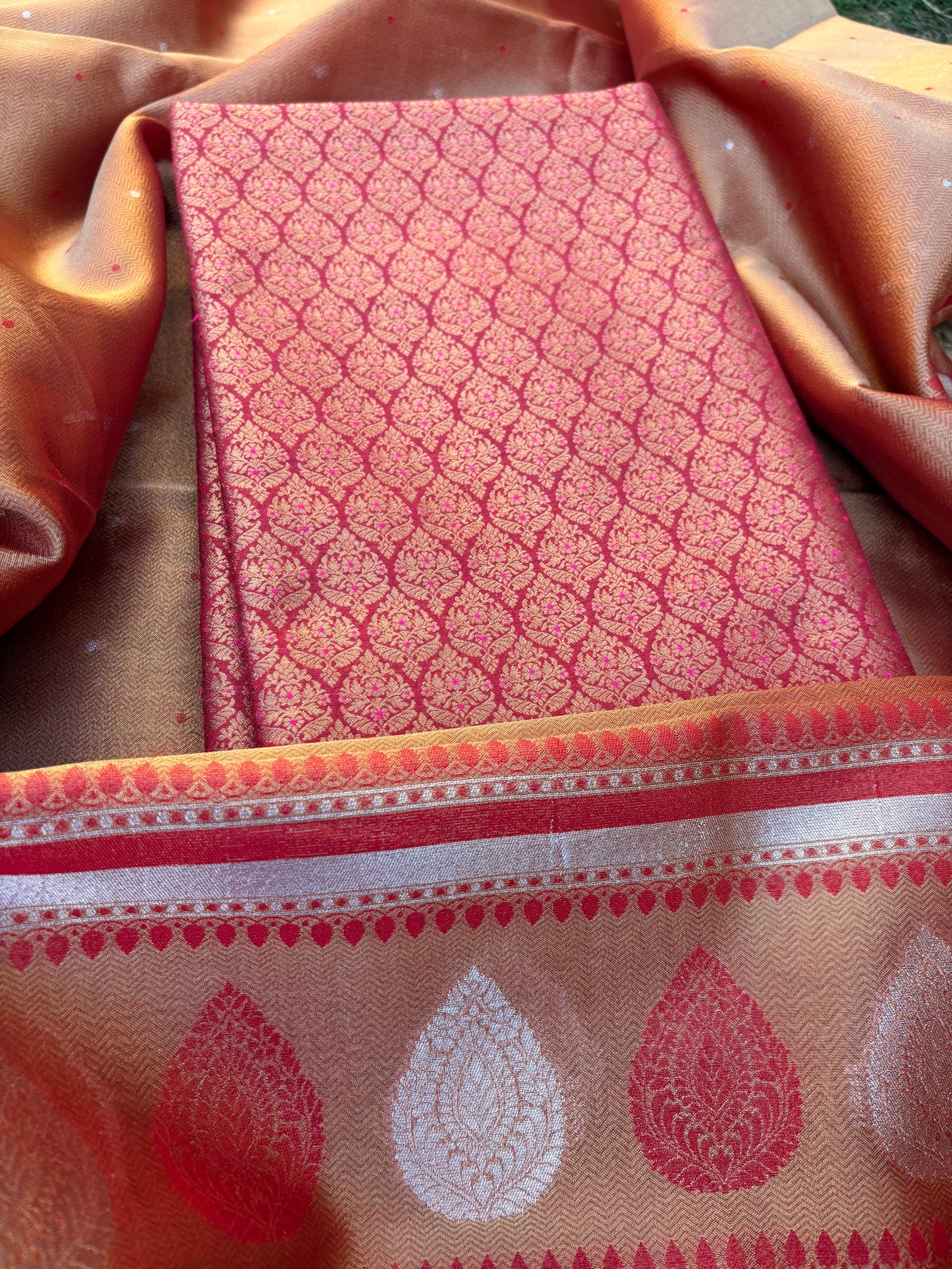 Maroon brocade cotton tissue suit set
