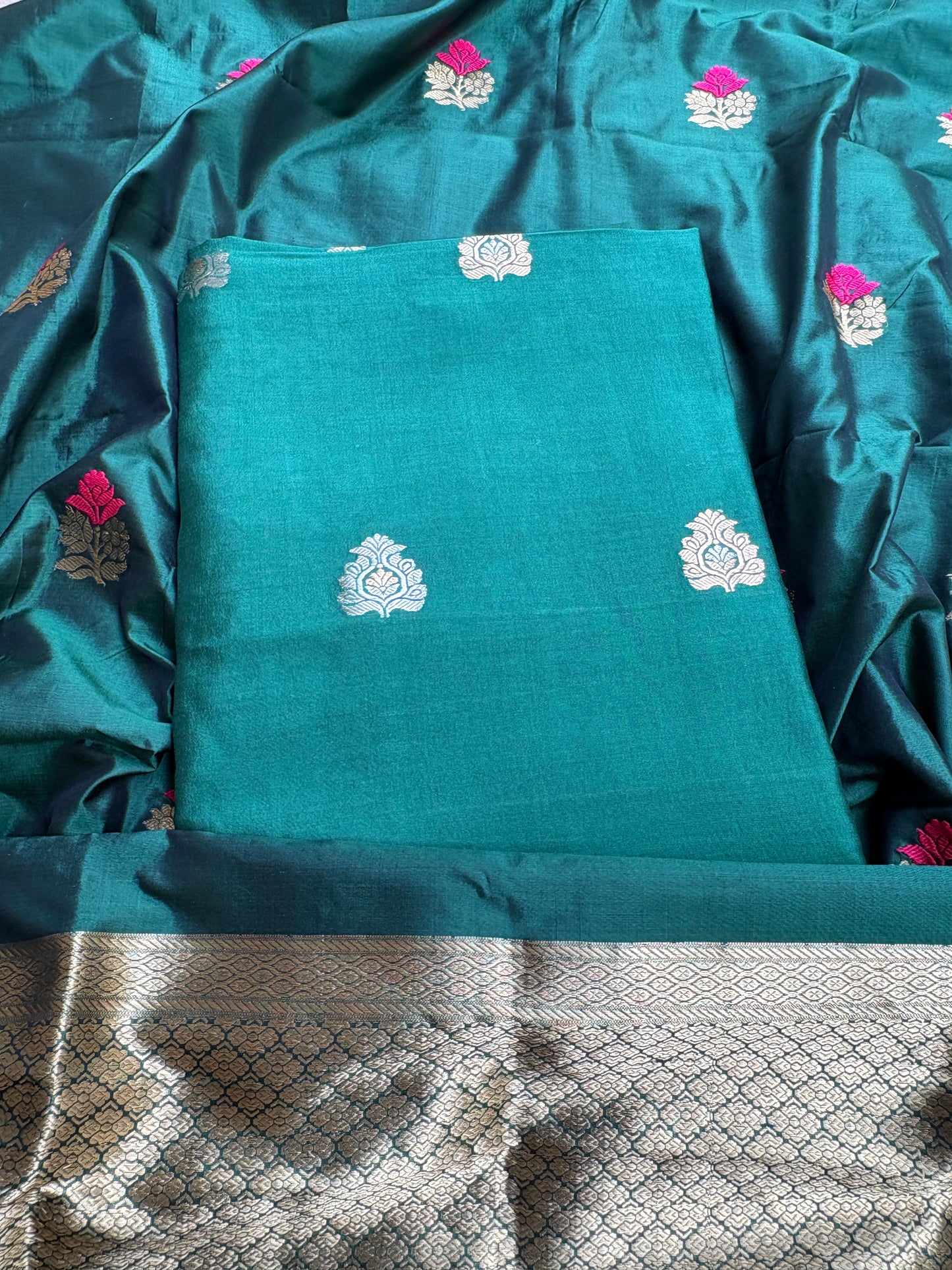 Green Chiniya silk kurta, bottom, katan silk kadhwa dupatta