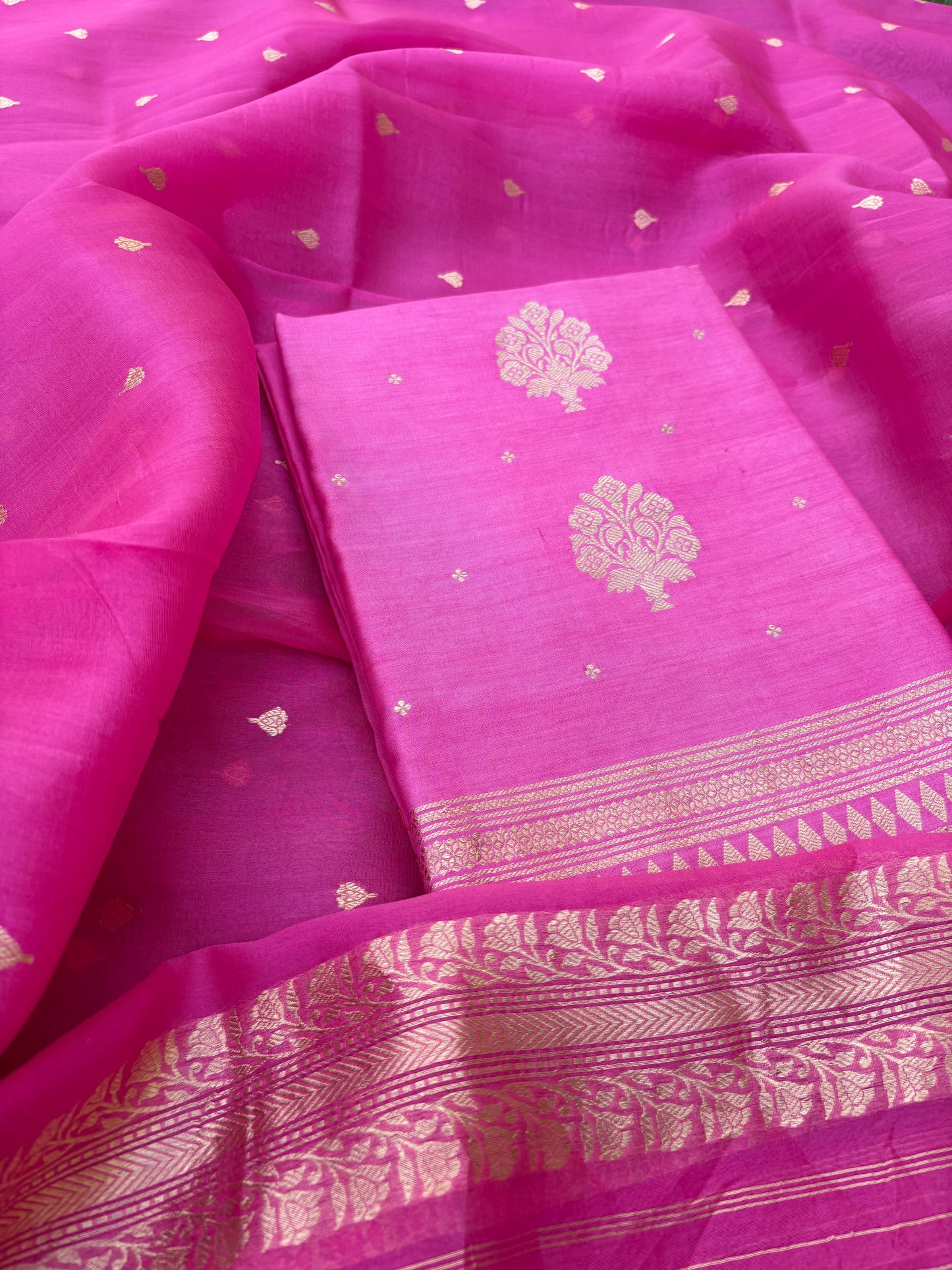 Pink Chiniya silk, kora silk dupatt 3 piece suit set
