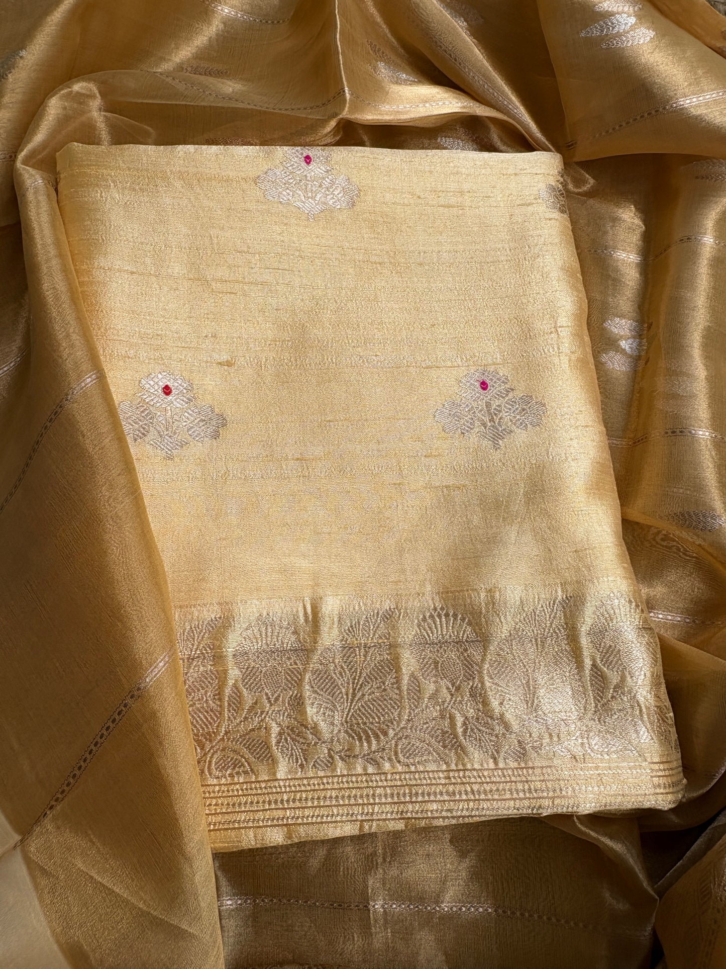 Yellow raw silk kurta, bottom and tissue kadhwa dupatta
