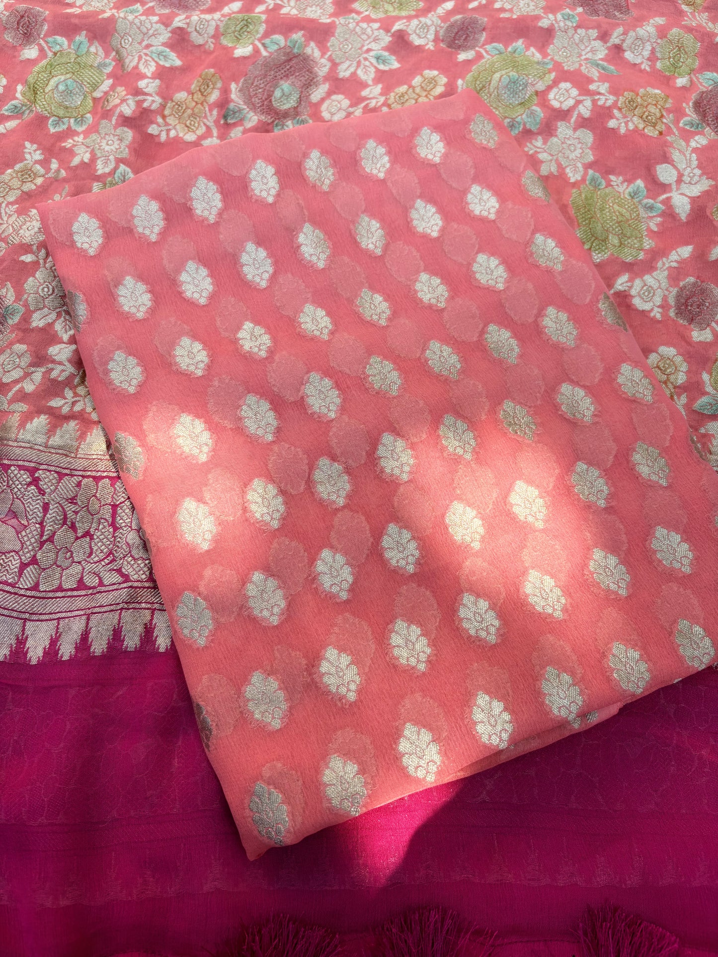Peach Khaddi georgette, handbrushed dupatta, plain bottom