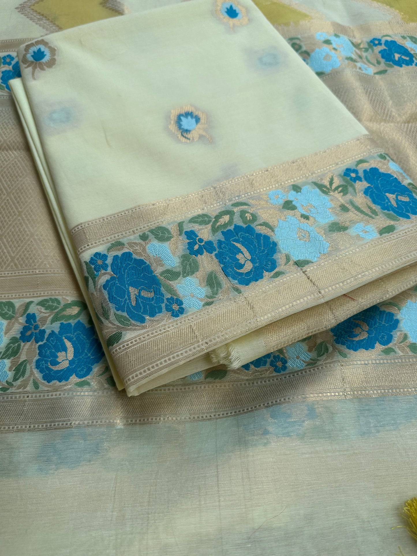 Lime yellow chanderi exclusive weaving 3 piece set