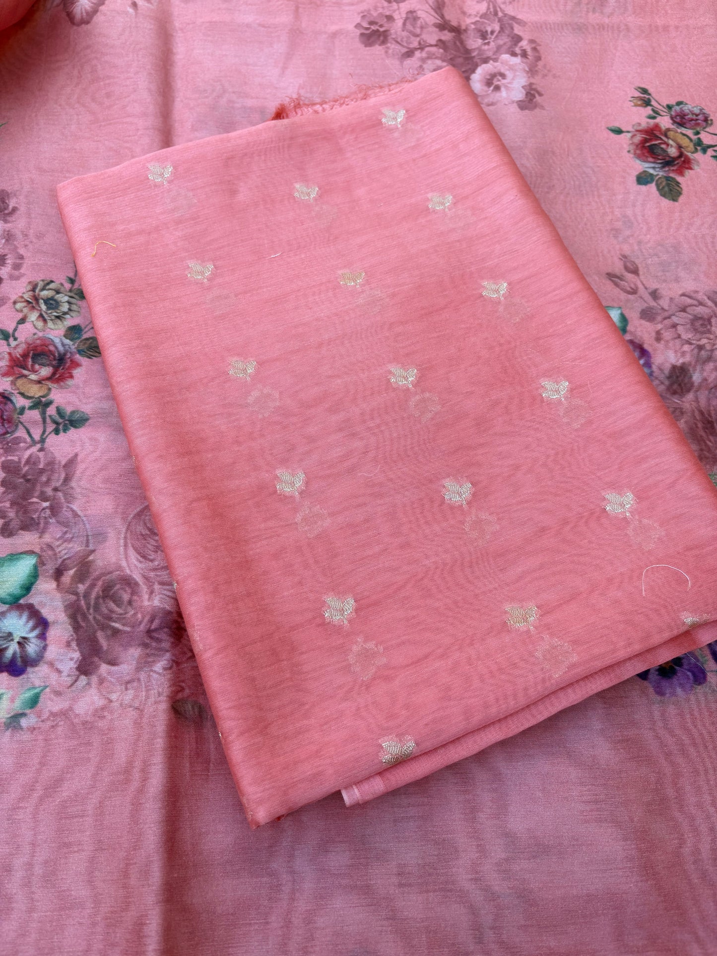 Peach mul Chanderi 3 piece Suit set