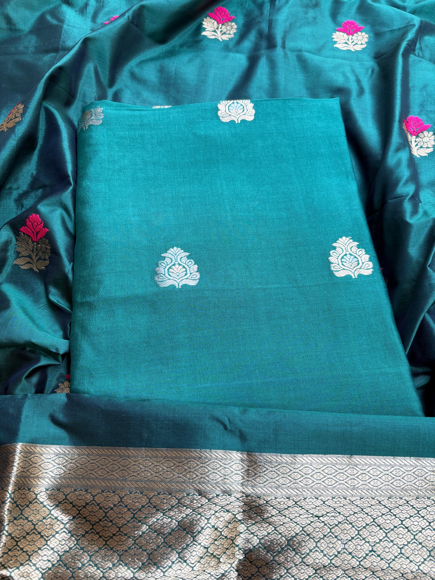 Green Chiniya silk kurta, bottom, katan silk kadhwa dupatta