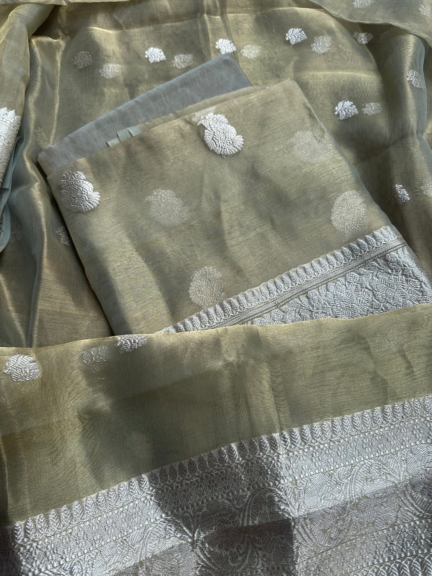 Mint green pure silver zari kadhwa tissue suit set