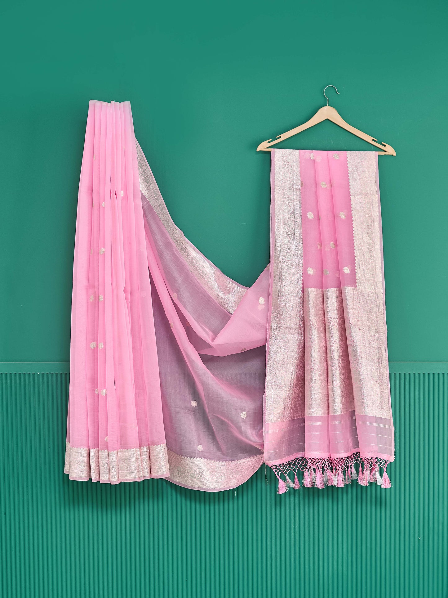Pink kora silk Silver Zari Saree