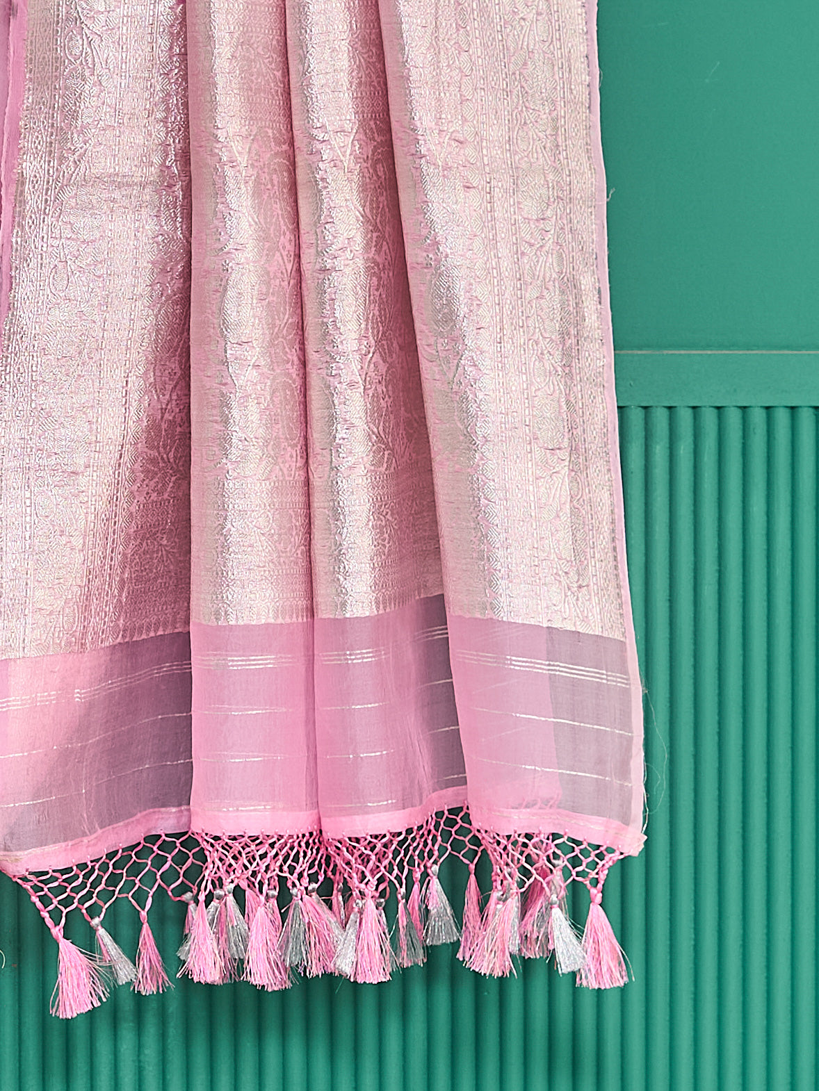 Pink kora silk Silver Zari Saree
