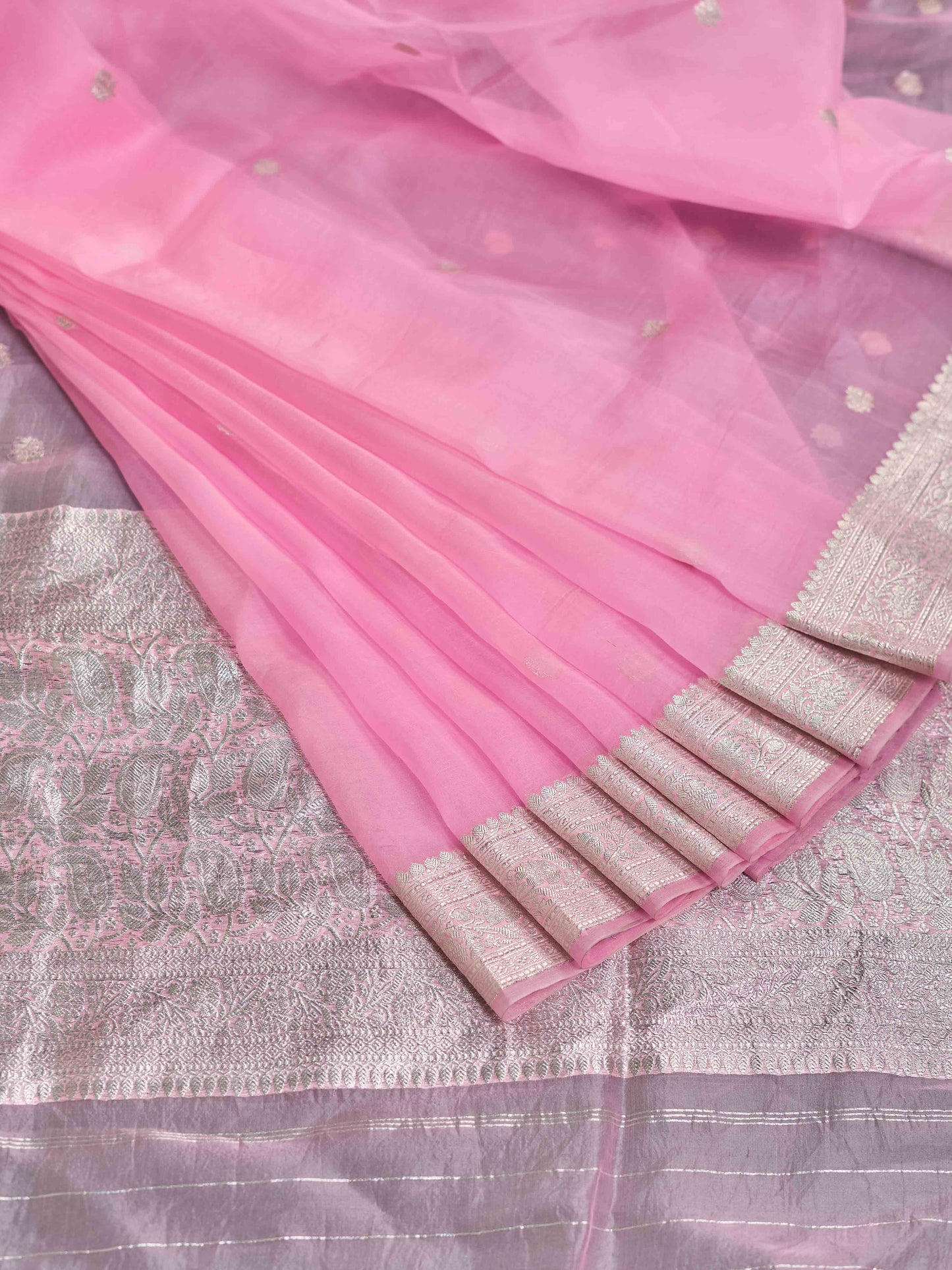 Pink kora silk Silver Zari Saree
