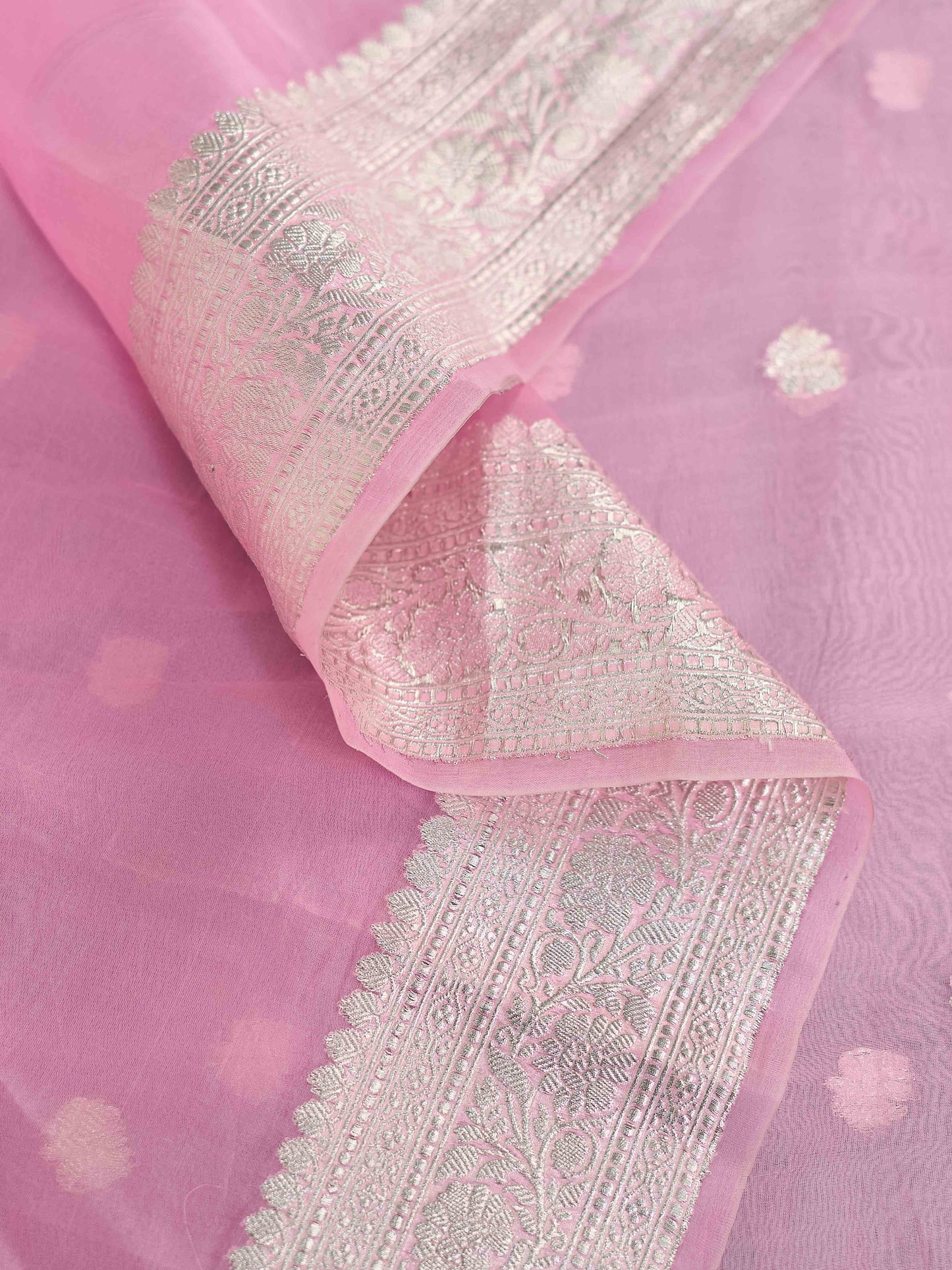 Pink kora silk Silver Zari Saree