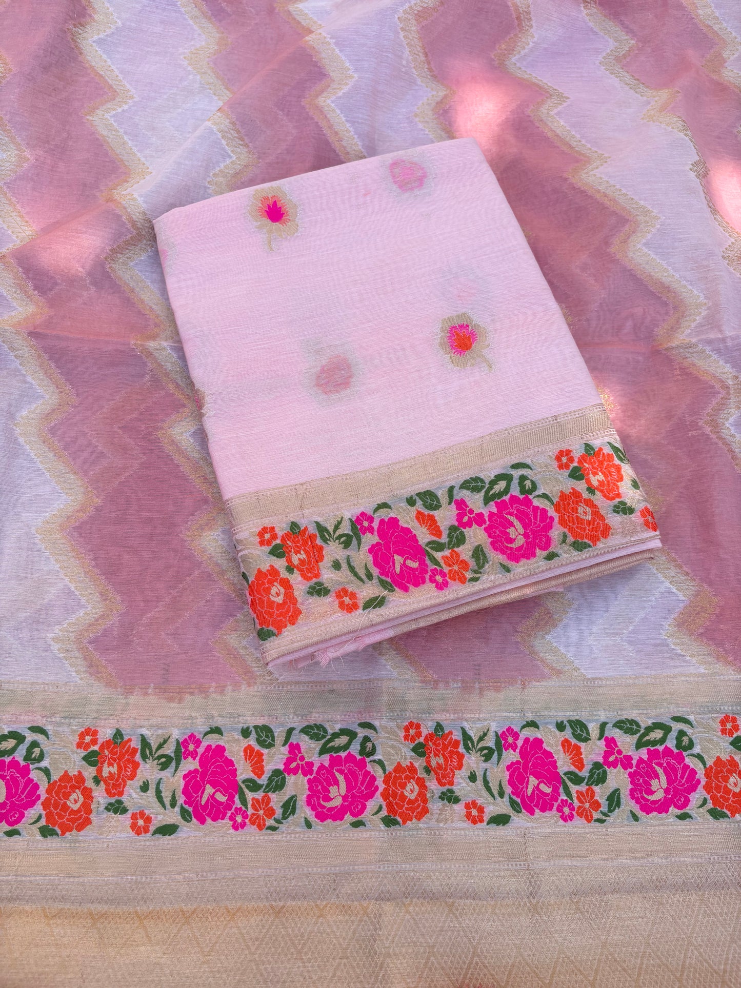 Pink meenadar Chanderi cotton 3 piece suit set