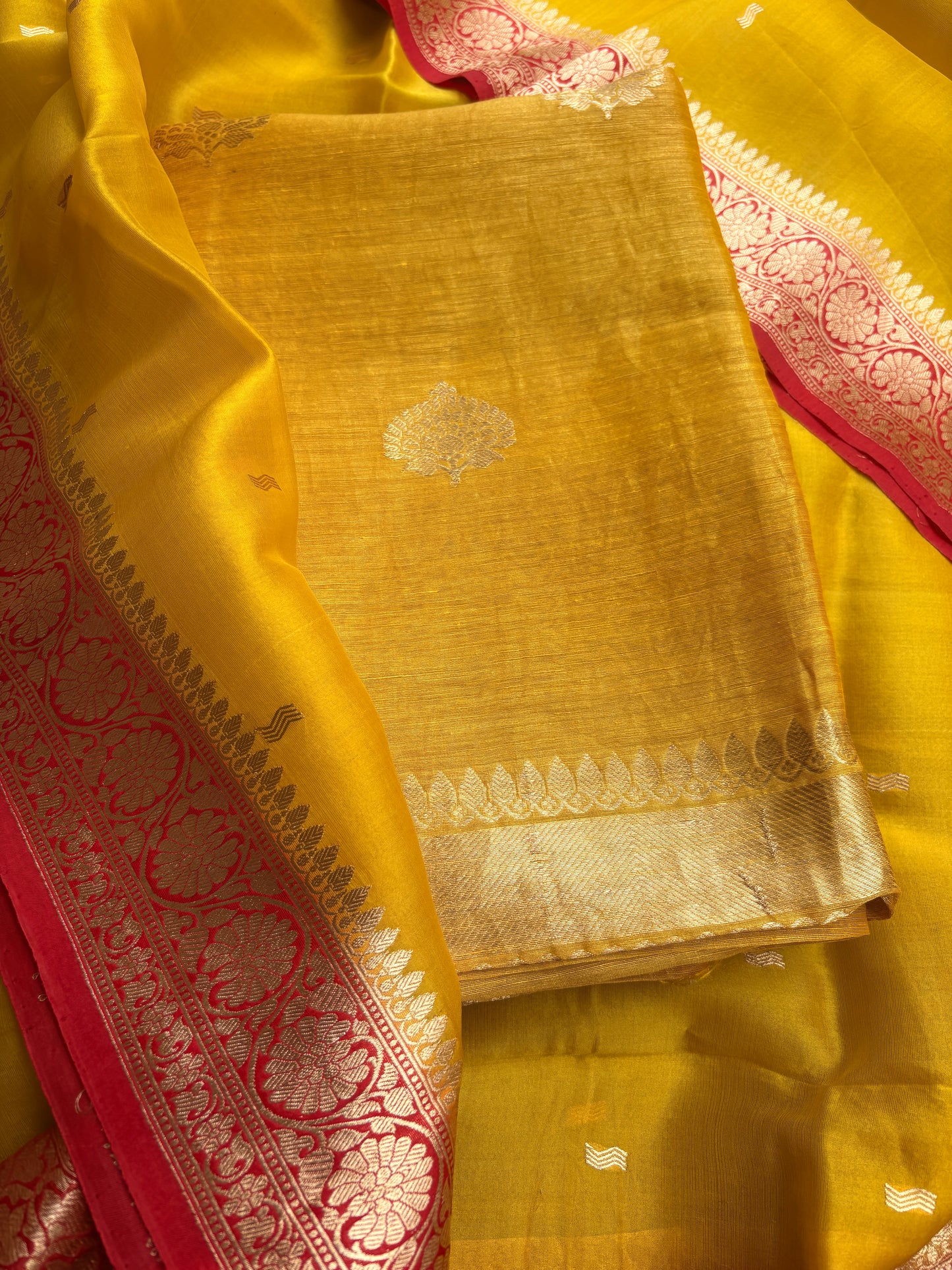 Yellow linen silk kurta, bottom, shaded kora dupatta