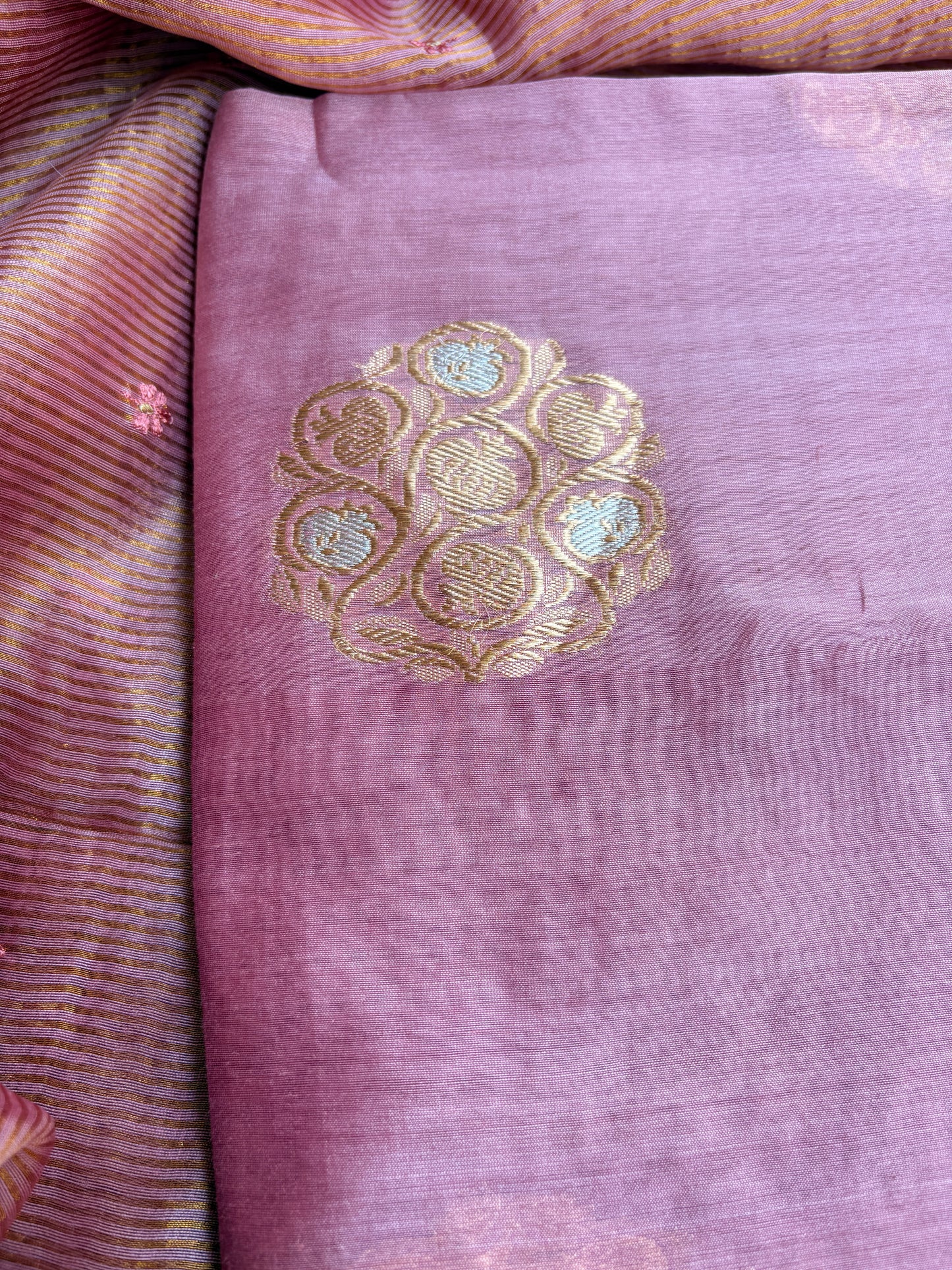 Pink handloom silk kadhwa kurta, bottom, tissue kadhwa dupatta