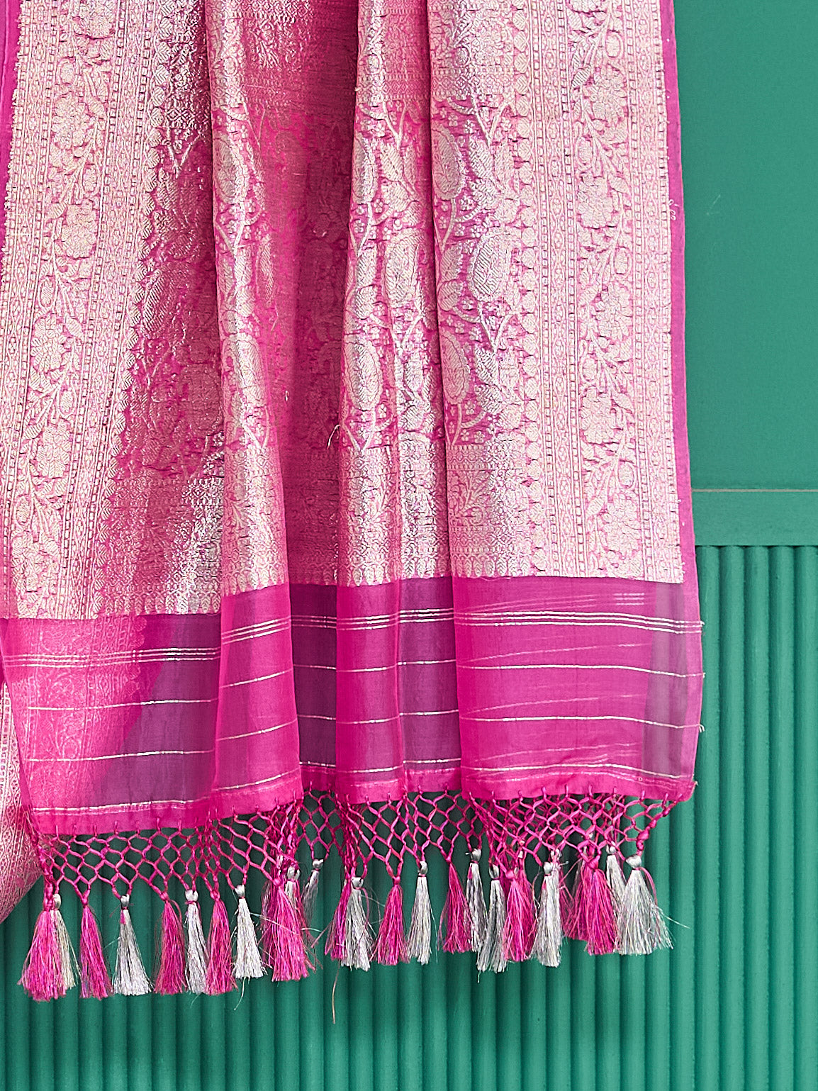 Pink kora silk silver zari saree