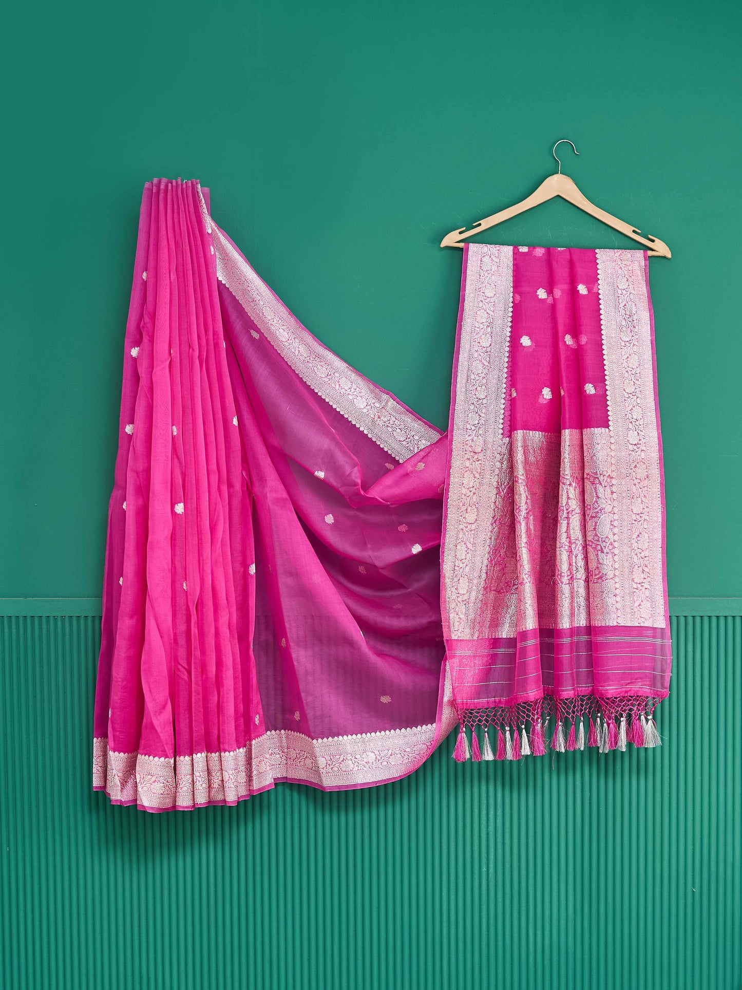 Pink kora silk silver zari saree