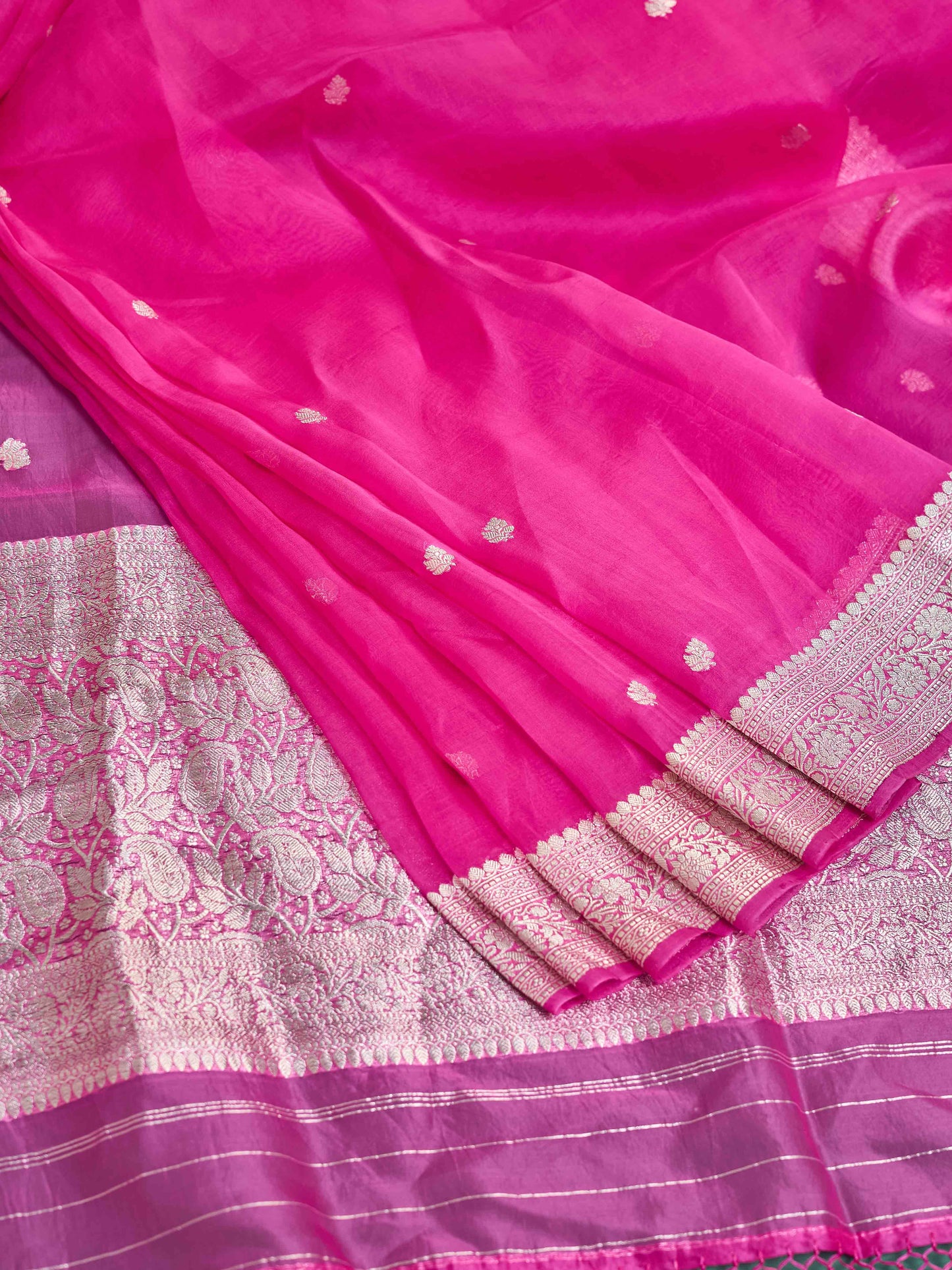 Pink kora silk silver zari saree