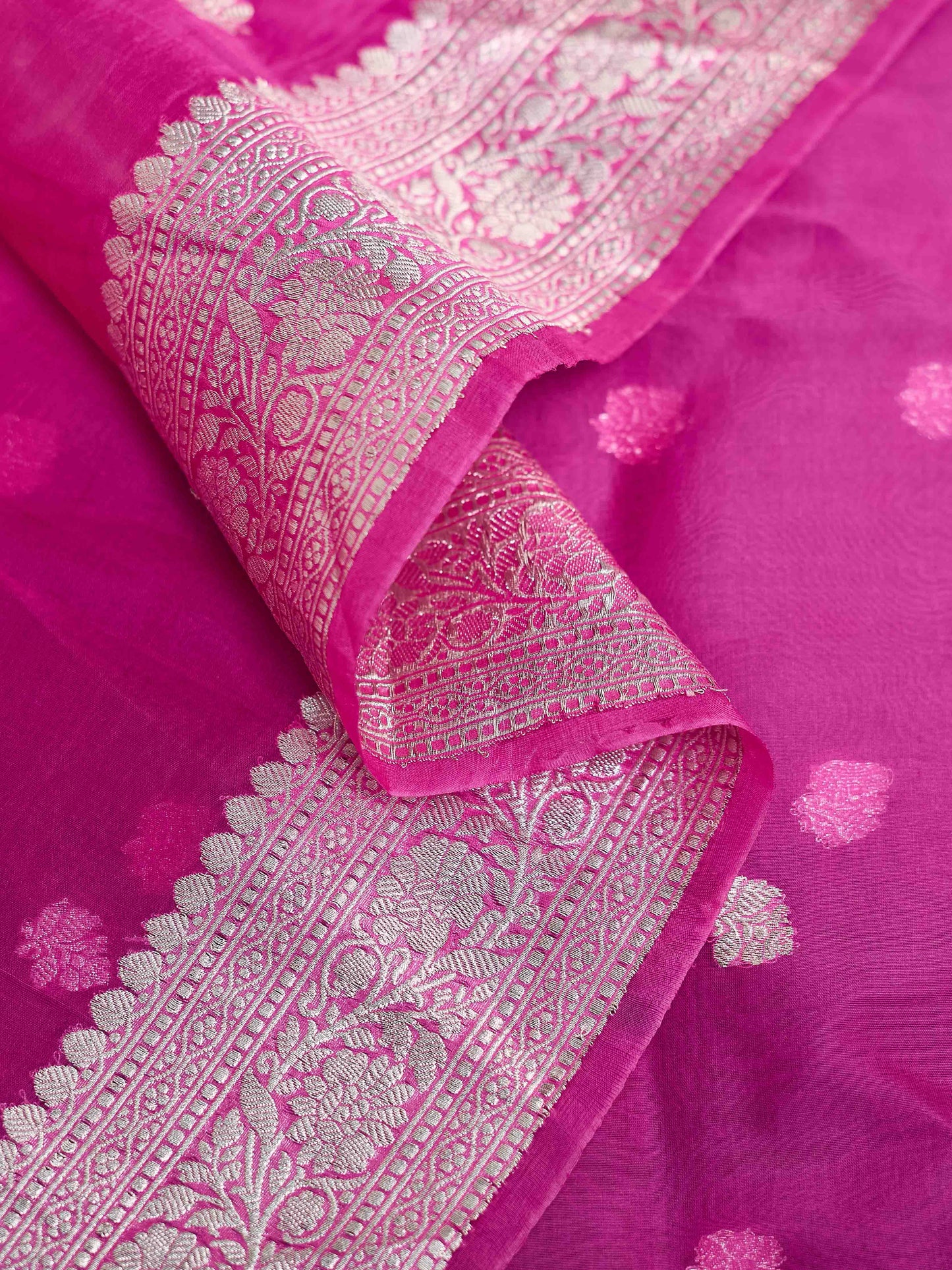 Pink kora silk silver zari saree