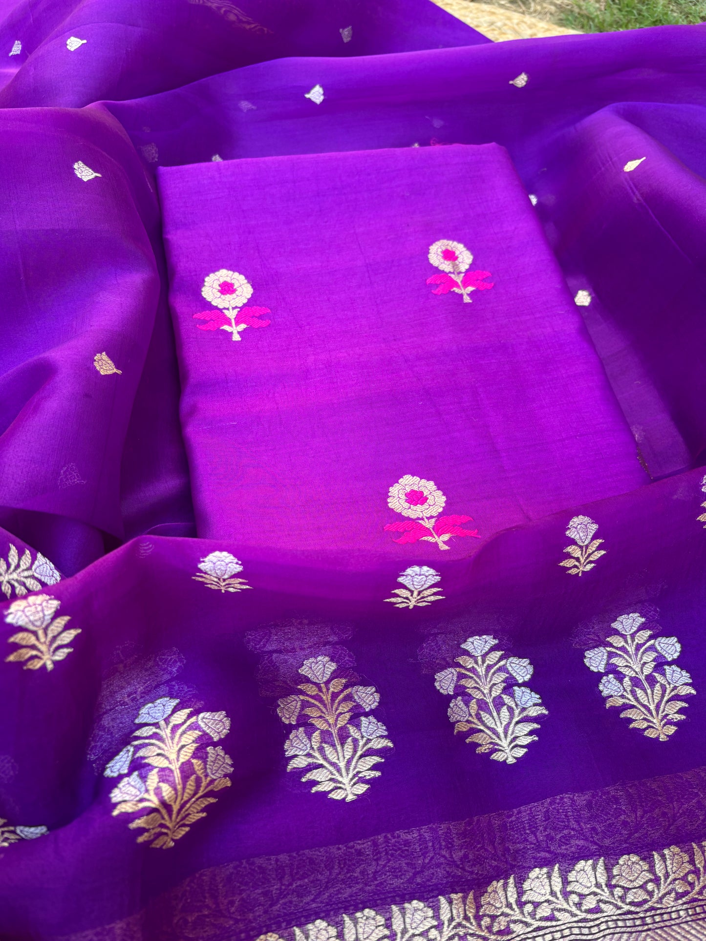 Purple meenadar Chiniya silk kurta, kora silk dupatta, plain bottom