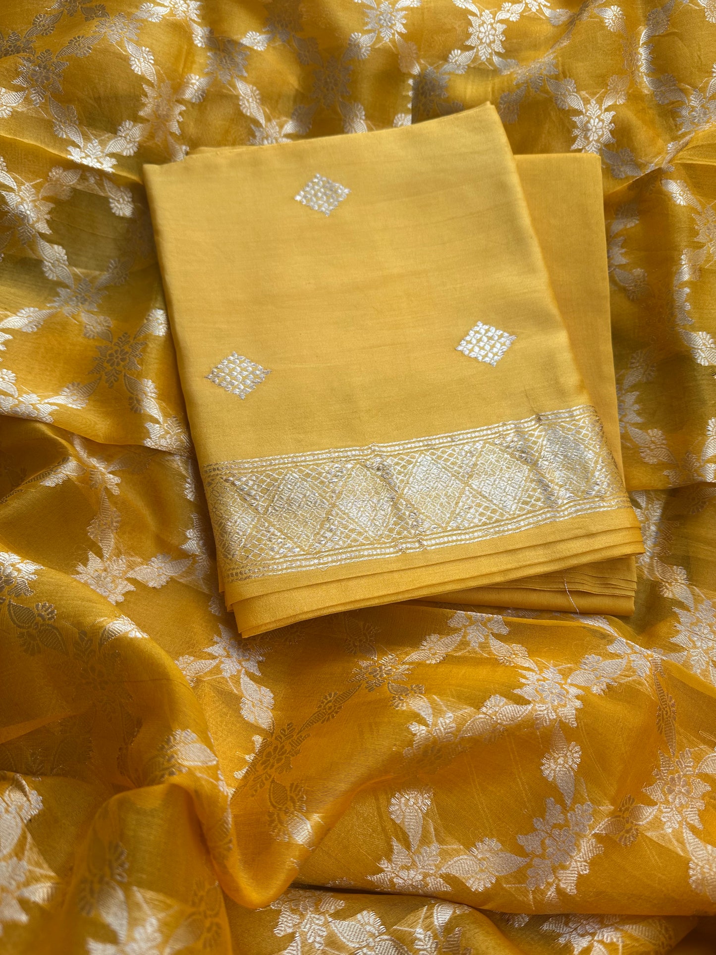 Yellow chiniya silk kadhwa weave , kora silk dupatta, plain silk bottom