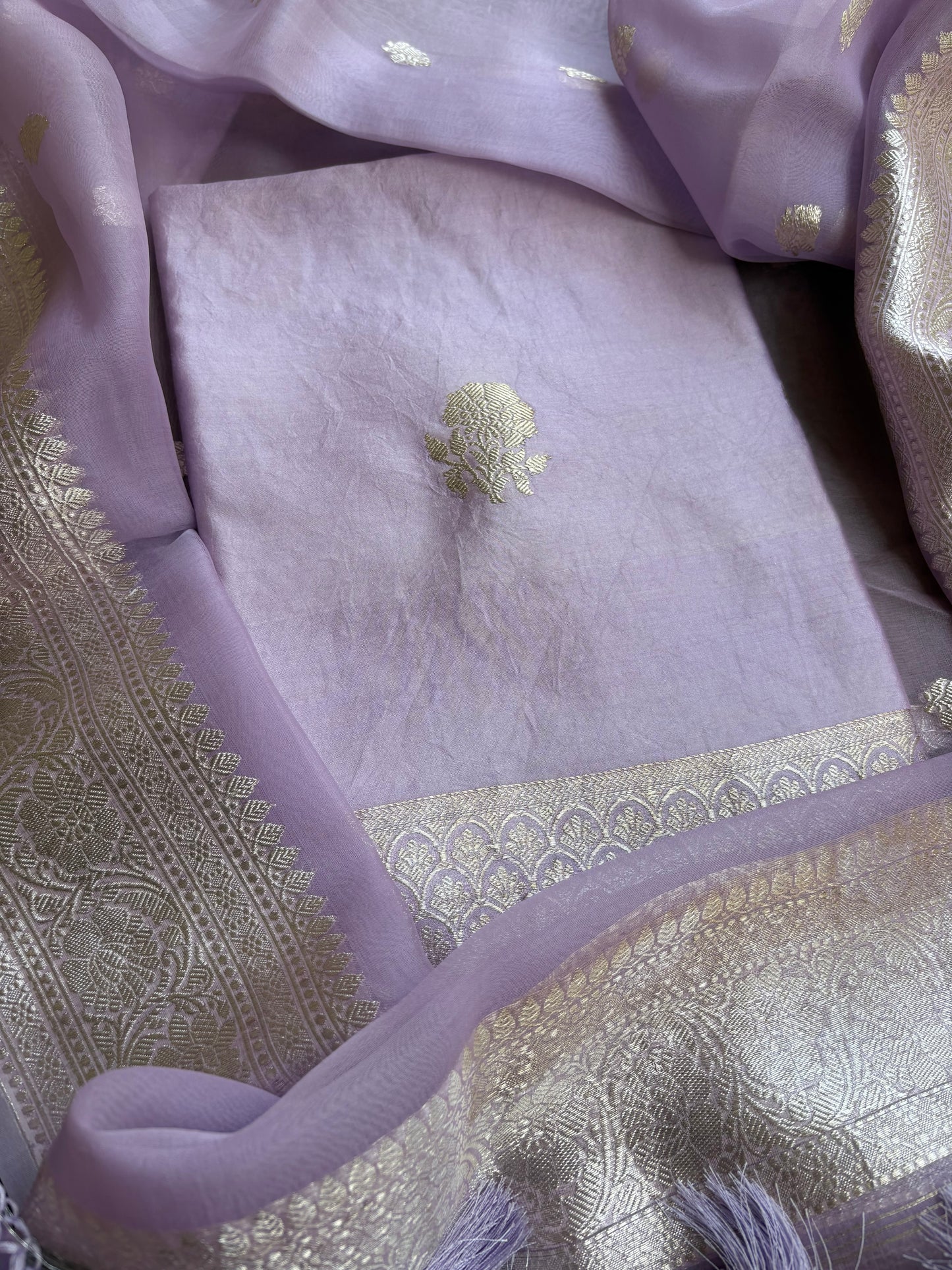 Lavender pure silver zari kurta, kora dupatta,plain bottom.