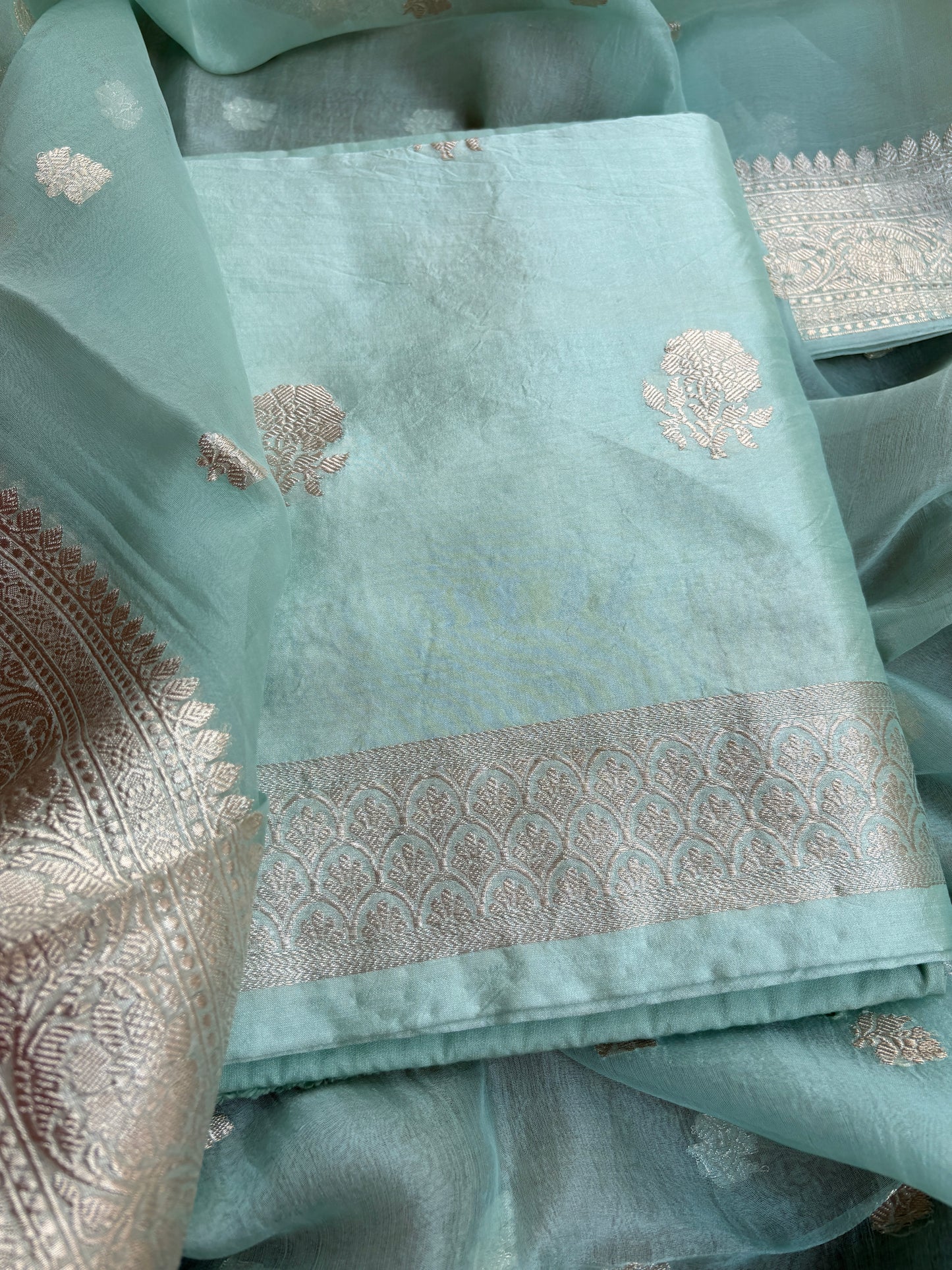 Blue silver zari Chiniya kora suit set