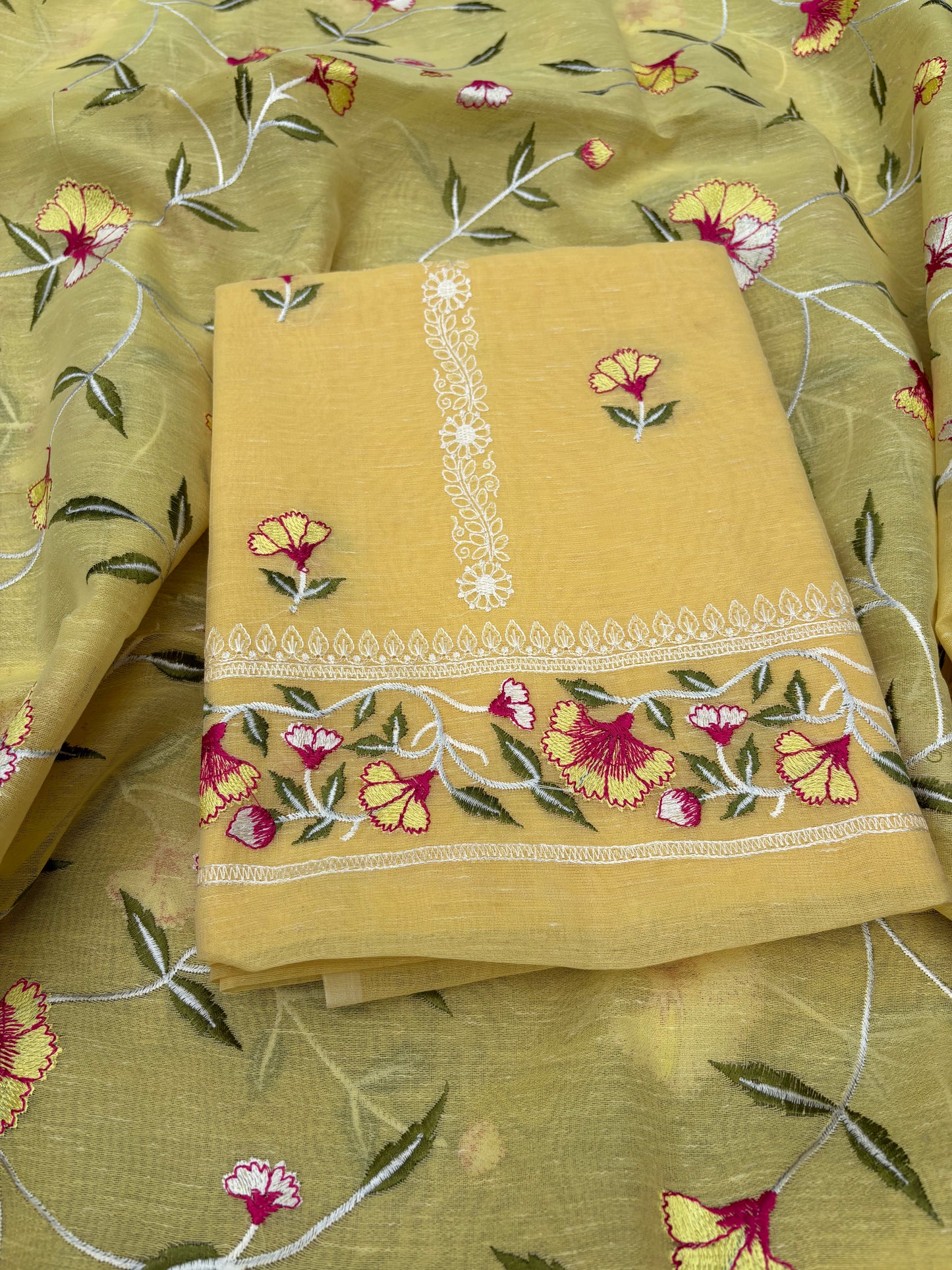 Yellow cotton linen embroidered 3 piece suit set