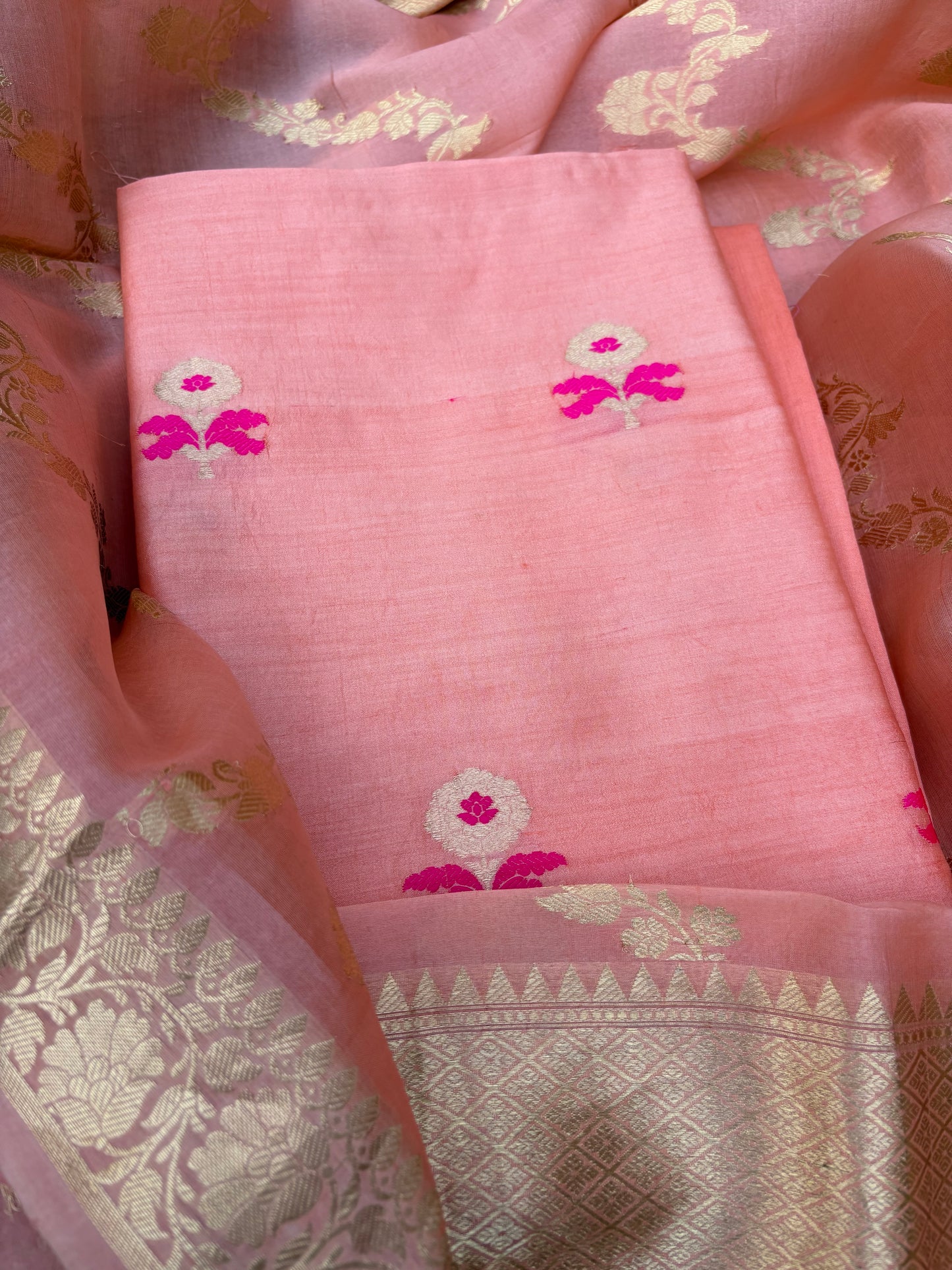 Peach Chiniya silk Kurt, bottom and kora silk dupatta.