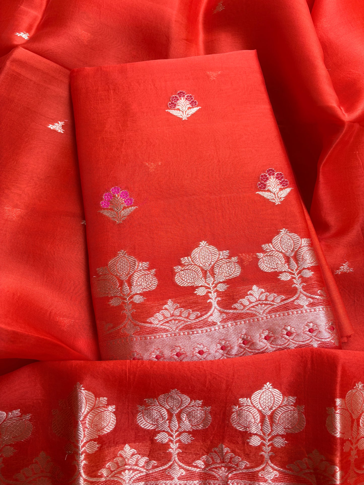 Orange kora kadhwa silk suit set