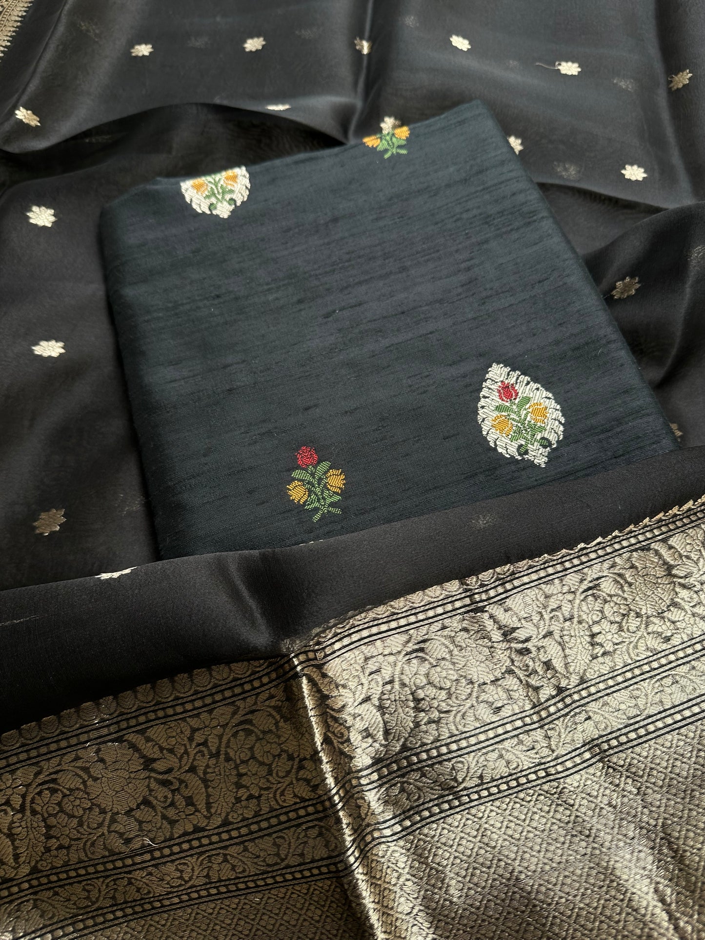 Black raw silk meenadar kurta, kora silk dupatta, plain bottom